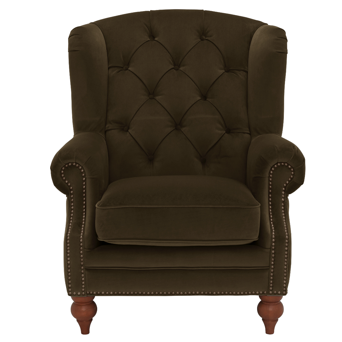 Ullswater Green Velvet Buttoned Wing Chair, Aegean Olive Body, Brass Studs