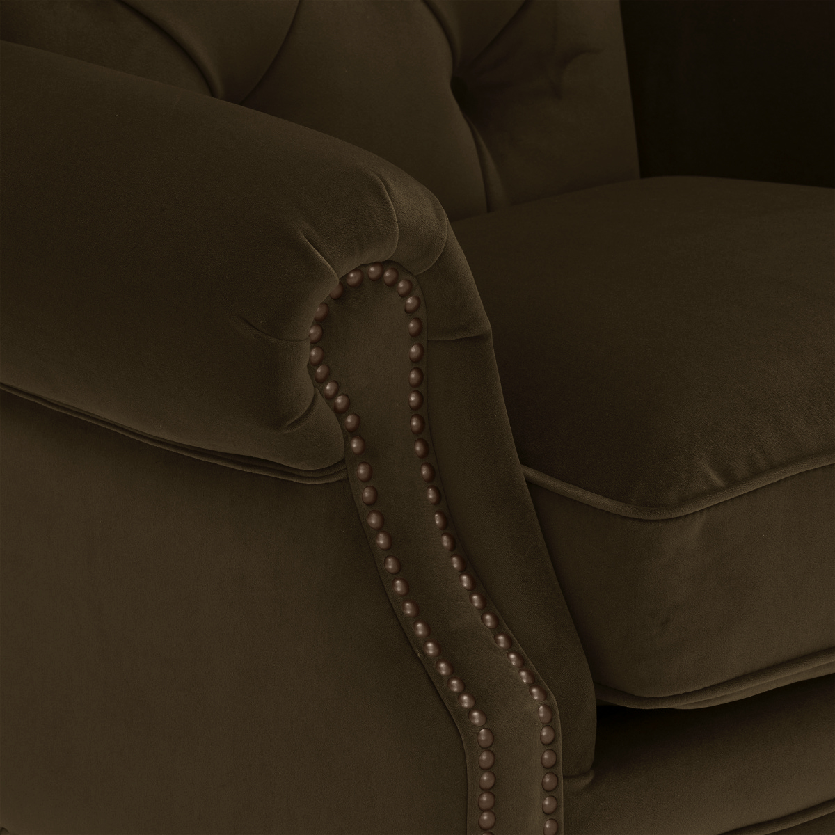 Ullswater Green Velvet Buttoned Wing Chair, Aegean Olive Body, Brass Studs