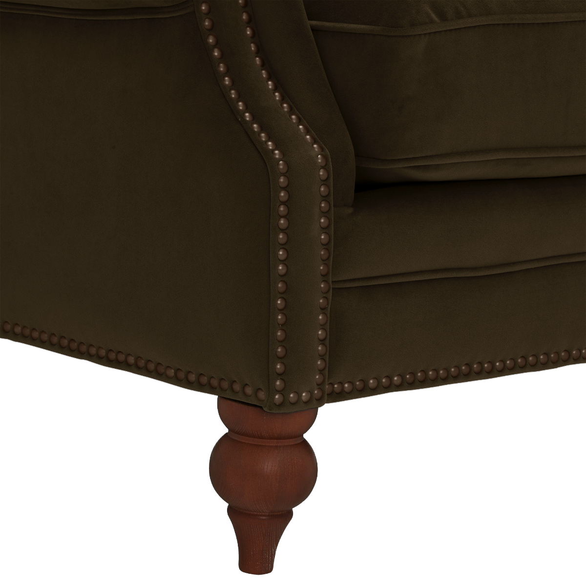 Ullswater Green Velvet Buttoned Wing Chair, Aegean Olive Body, Brass Studs