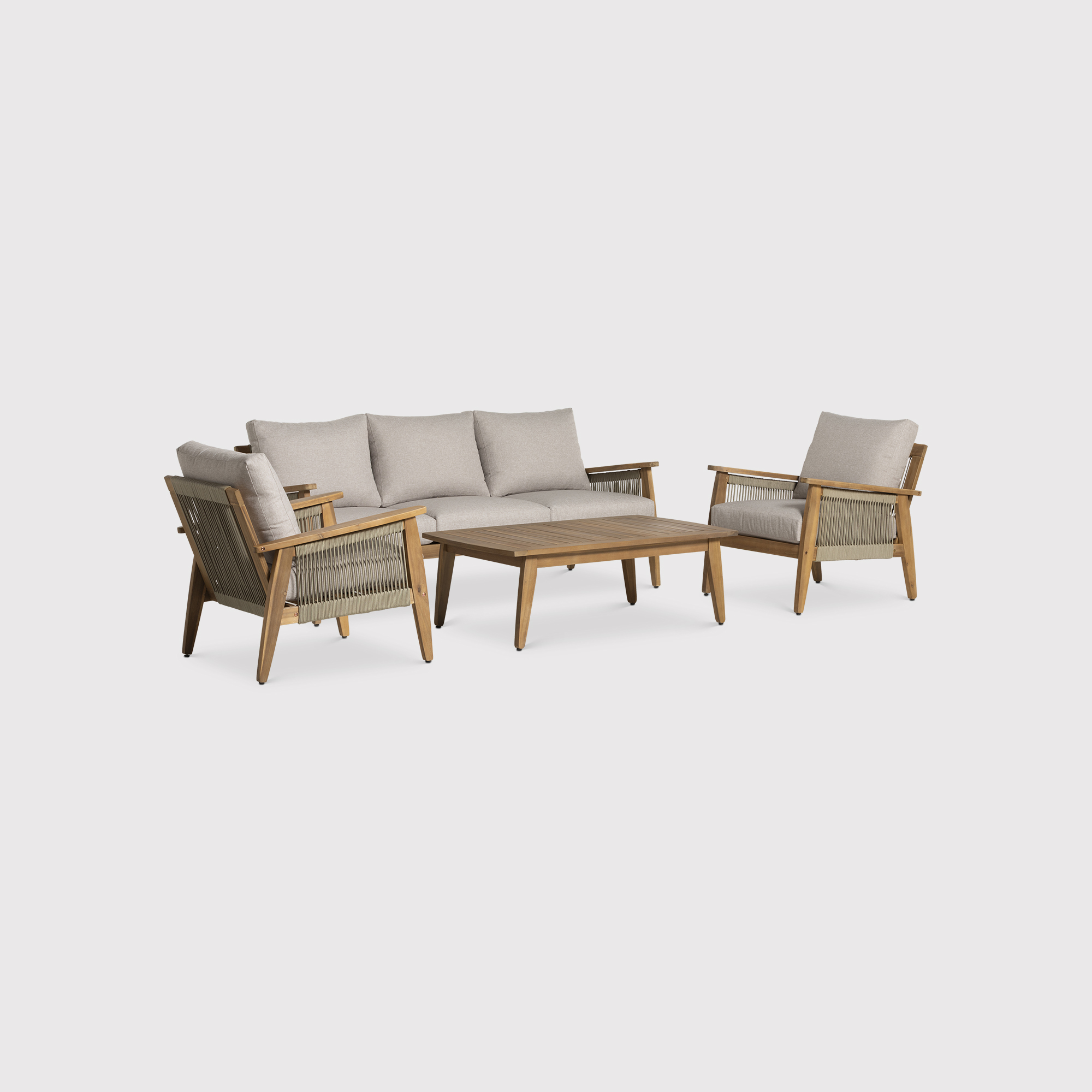 Madrid Light Wood and Weaved Rope Garden Sofa Set, Seats 5, Acacia Light Teak and Round Rope