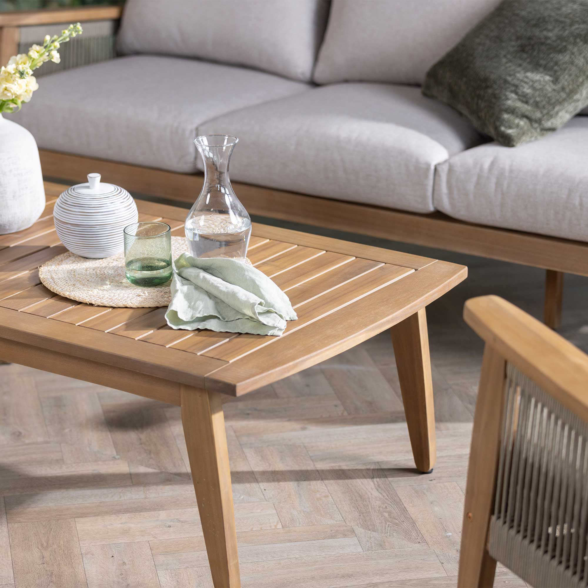 Madrid Light Wood and Weaved Rope Garden Sofa Set, Seats 5, Acacia Light Teak and Round Rope