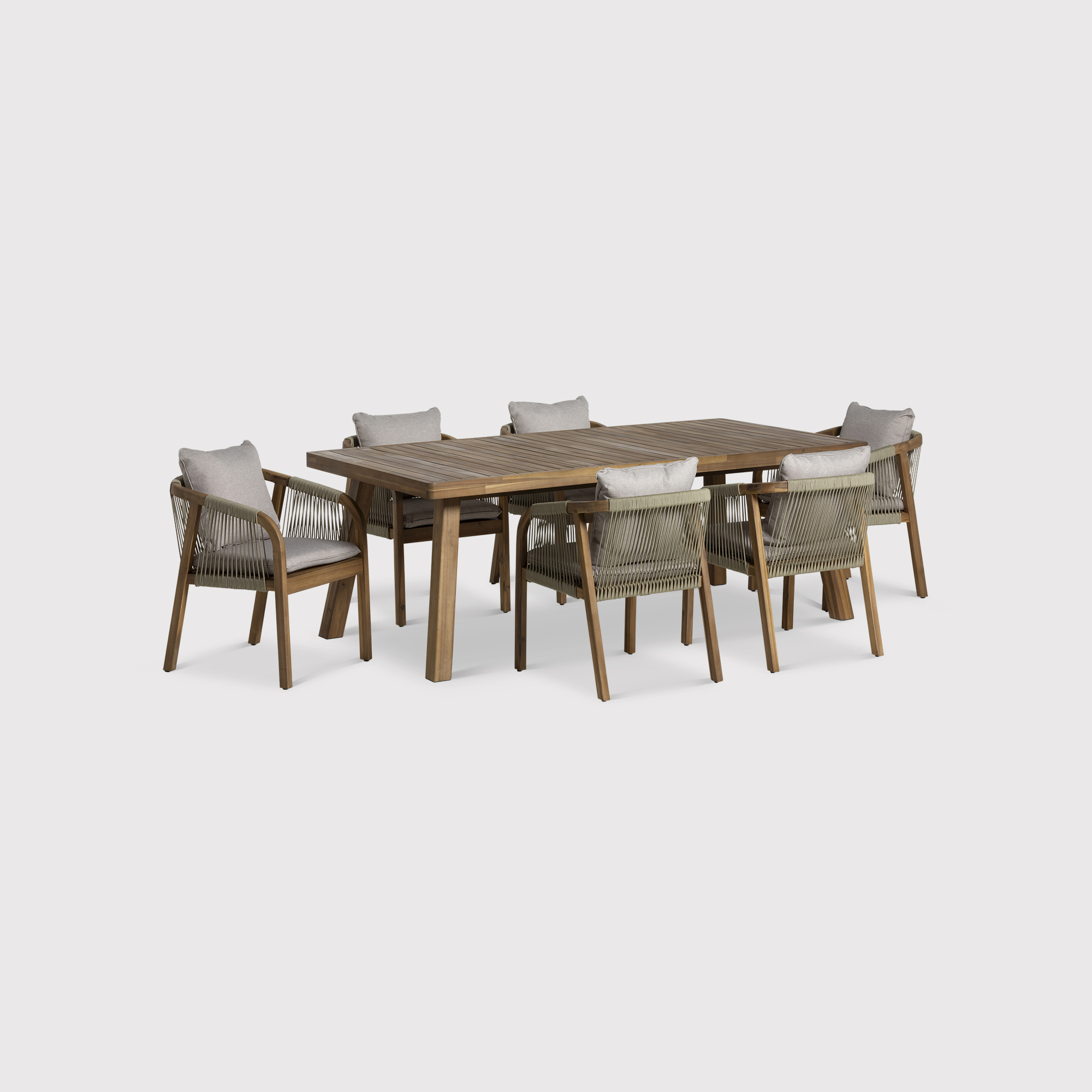 Tavira Acacia Wood Garden Table and Rope Chairs, Seats 6, Taupe Fabric