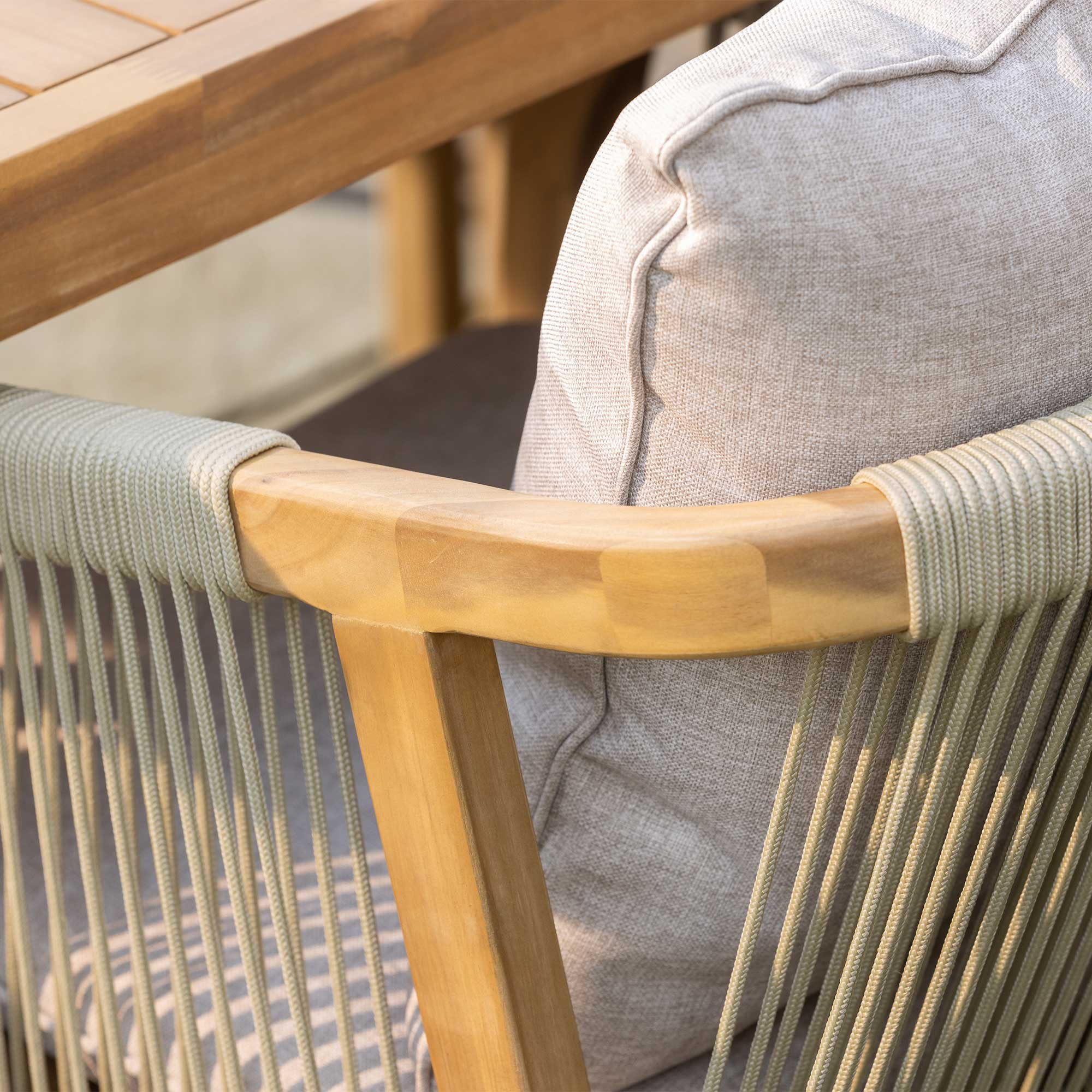 Tavira Acacia Wood Garden Table and Rope Chairs, Seats 6, Taupe Fabric