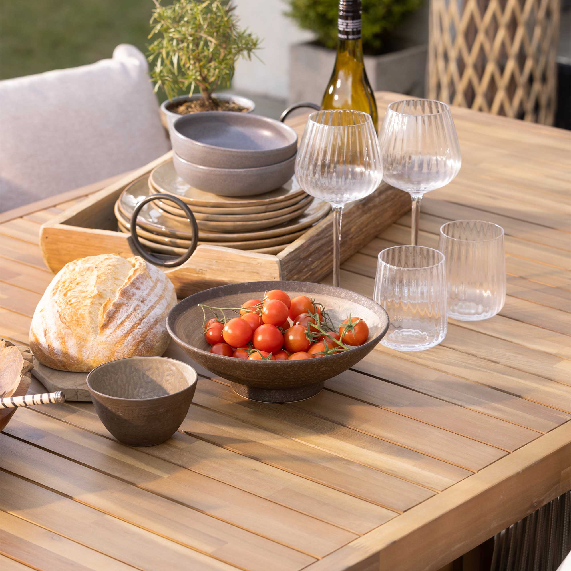 Tavira Acacia Wood Garden Table and Rope Chairs, Seats 6, Taupe Fabric