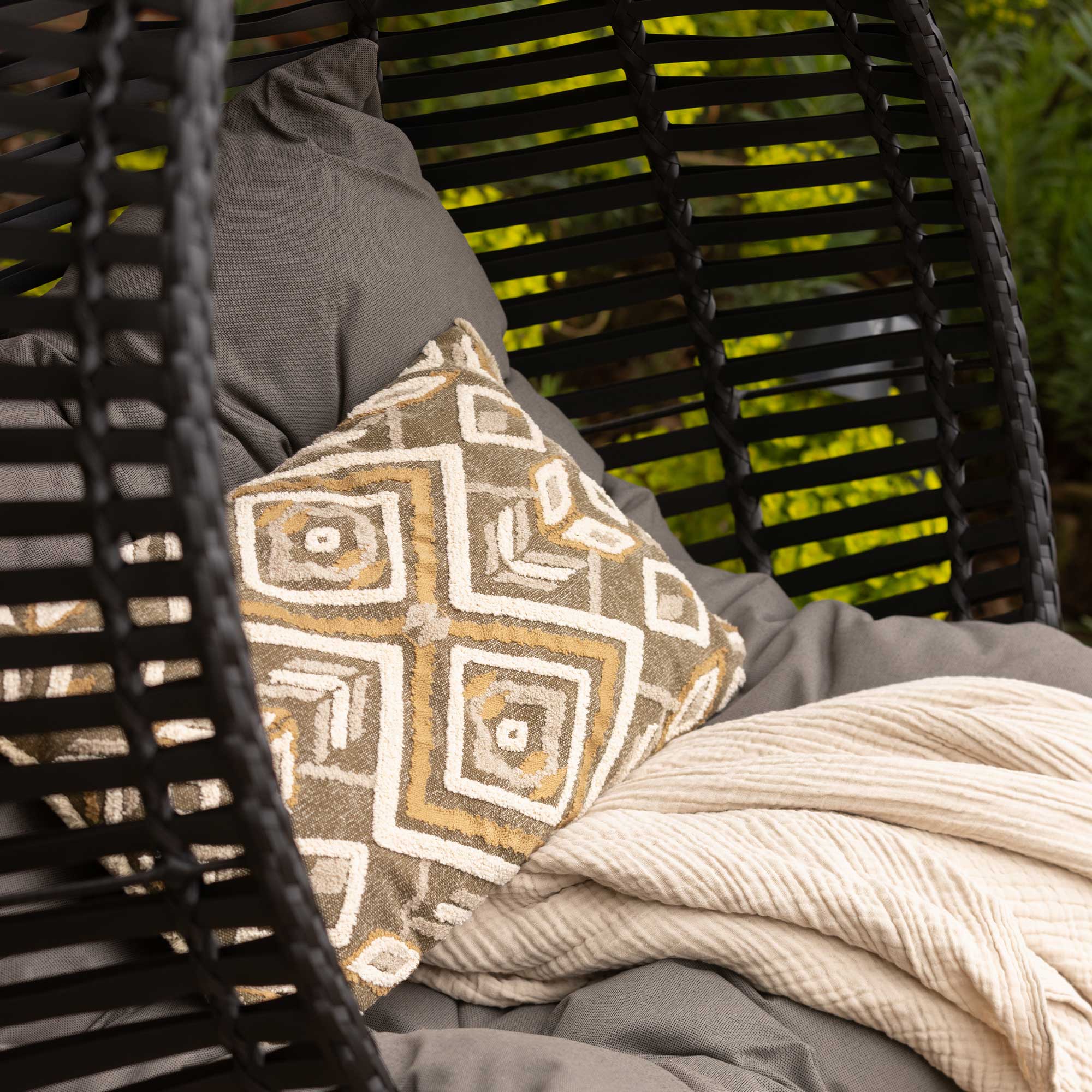 Garcia Black Hanging Garden Egg Chair, Dark Grey Cushions