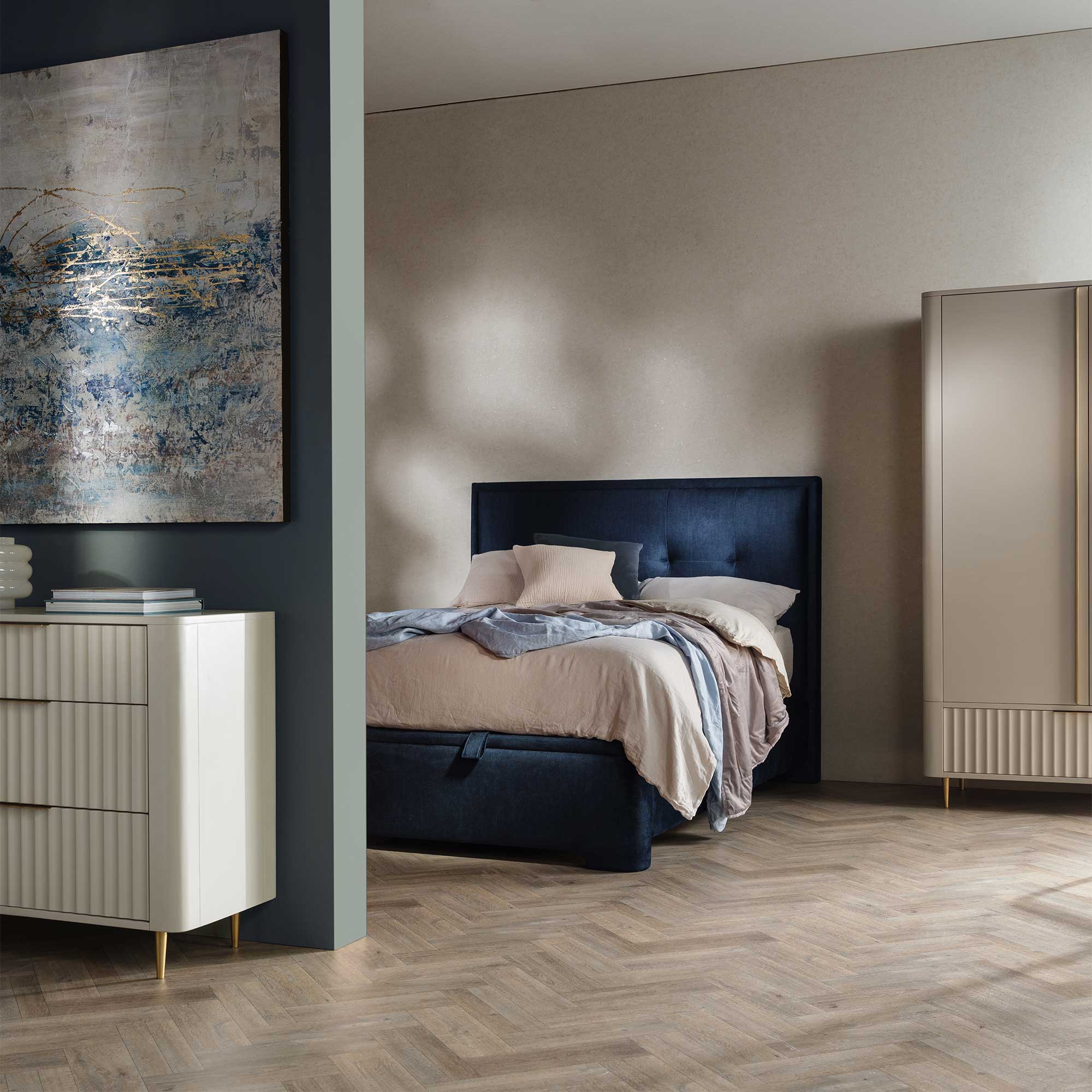 Ripley Blue Fabric Double Ottoman Bed Frame