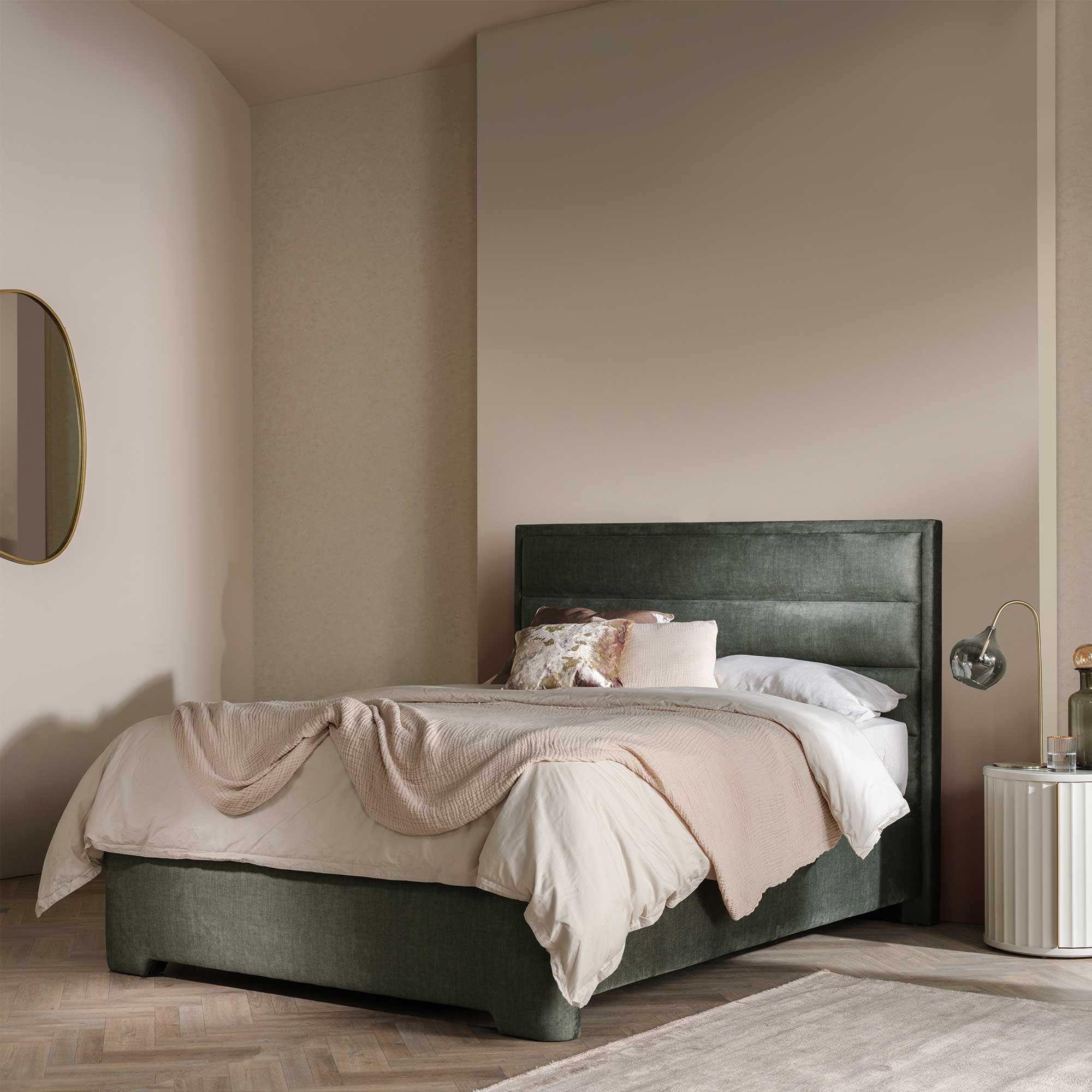 Rothbury Grey Green Fabric Double Ottoman Bed Frame, Dark Green