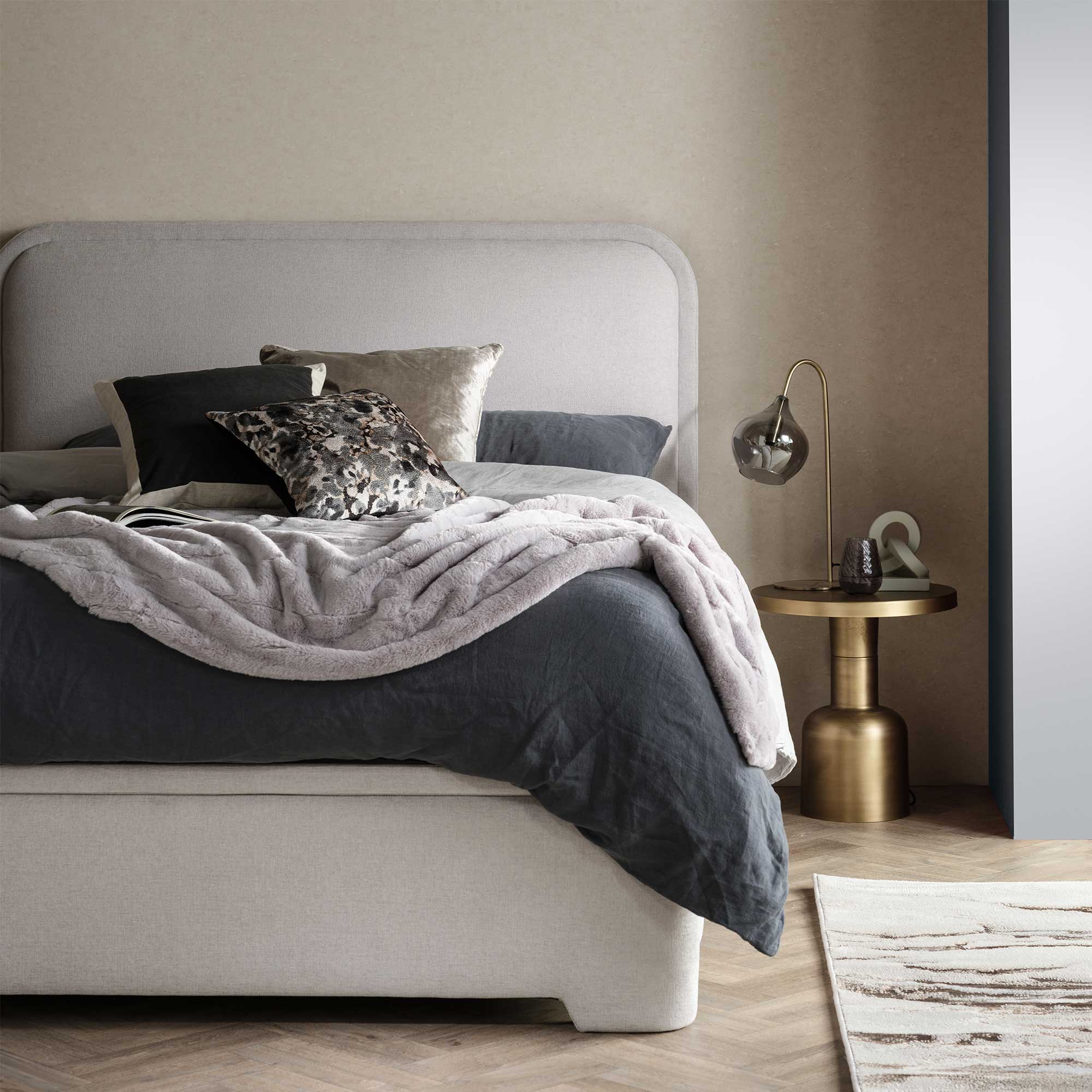 Tilbury Grey Fabric King Ottoman Bed Frame, Maskat Clay