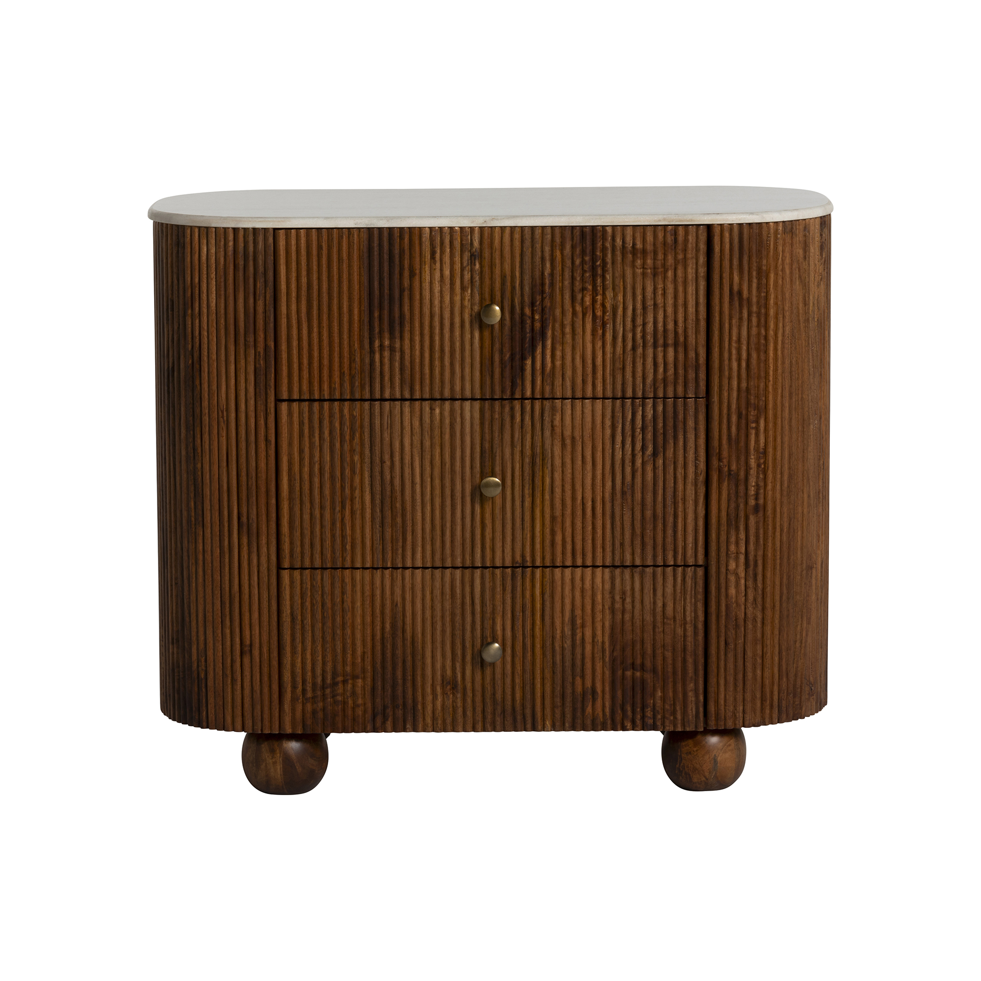 Tasso Fluted Mango Wood 3 Drawer Chest with White Marble Top, White Marble Top With Mango Wood