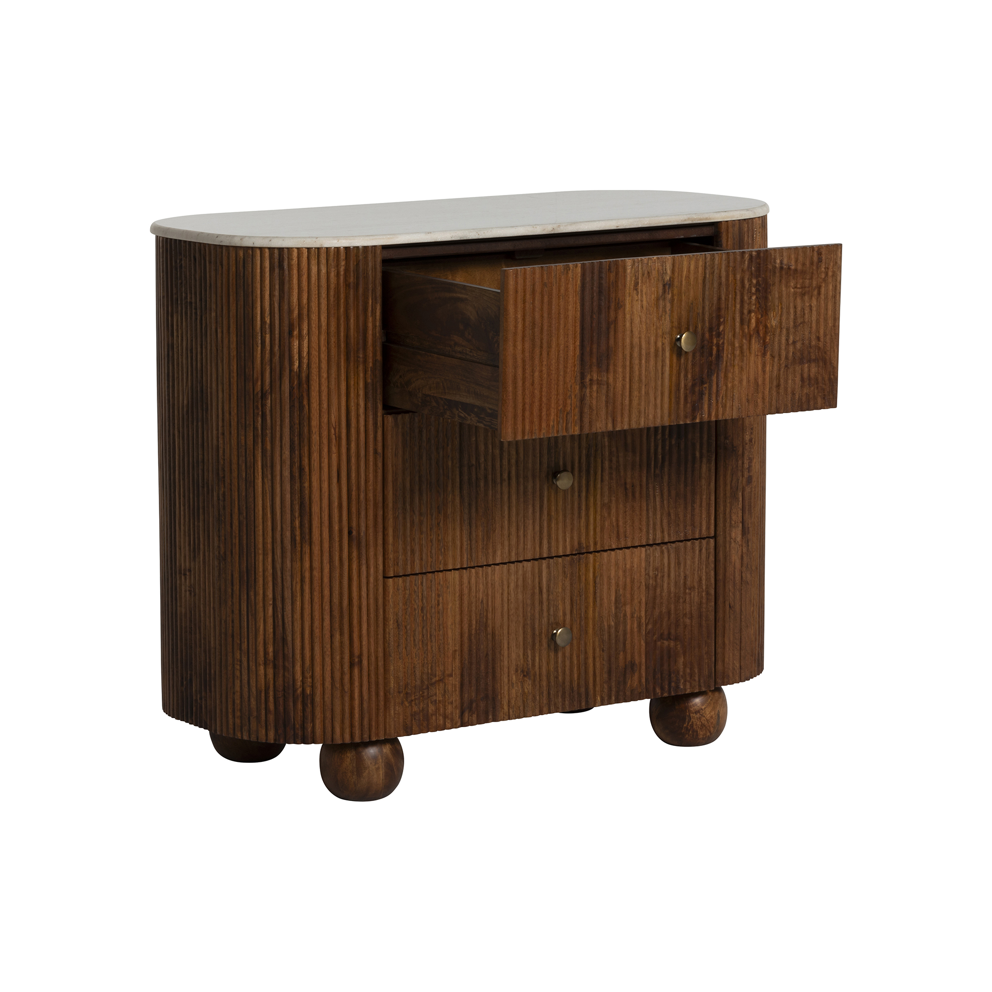 Tasso Fluted Mango Wood 3 Drawer Chest with White Marble Top, White Marble Top With Mango Wood
