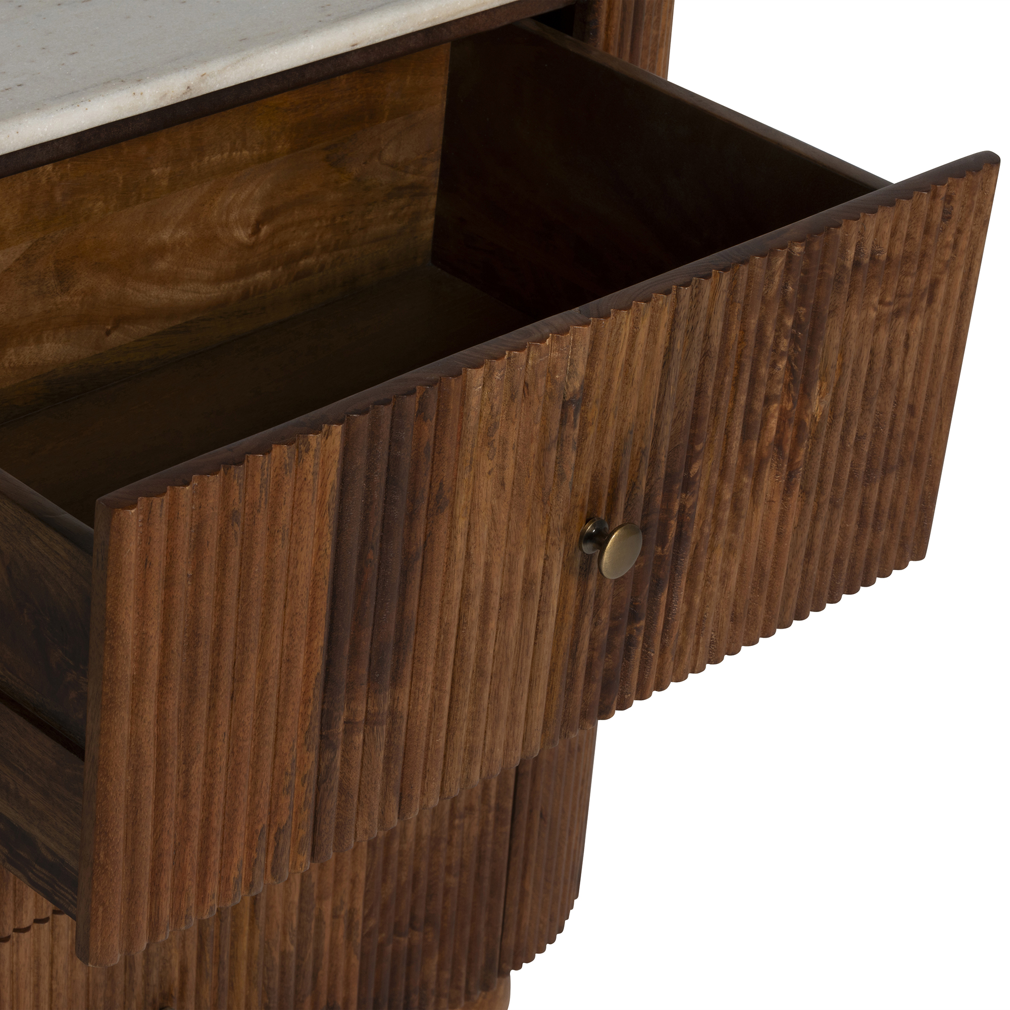 Tasso Fluted Mango Wood 3 Drawer Chest with White Marble Top, White Marble Top With Mango Wood