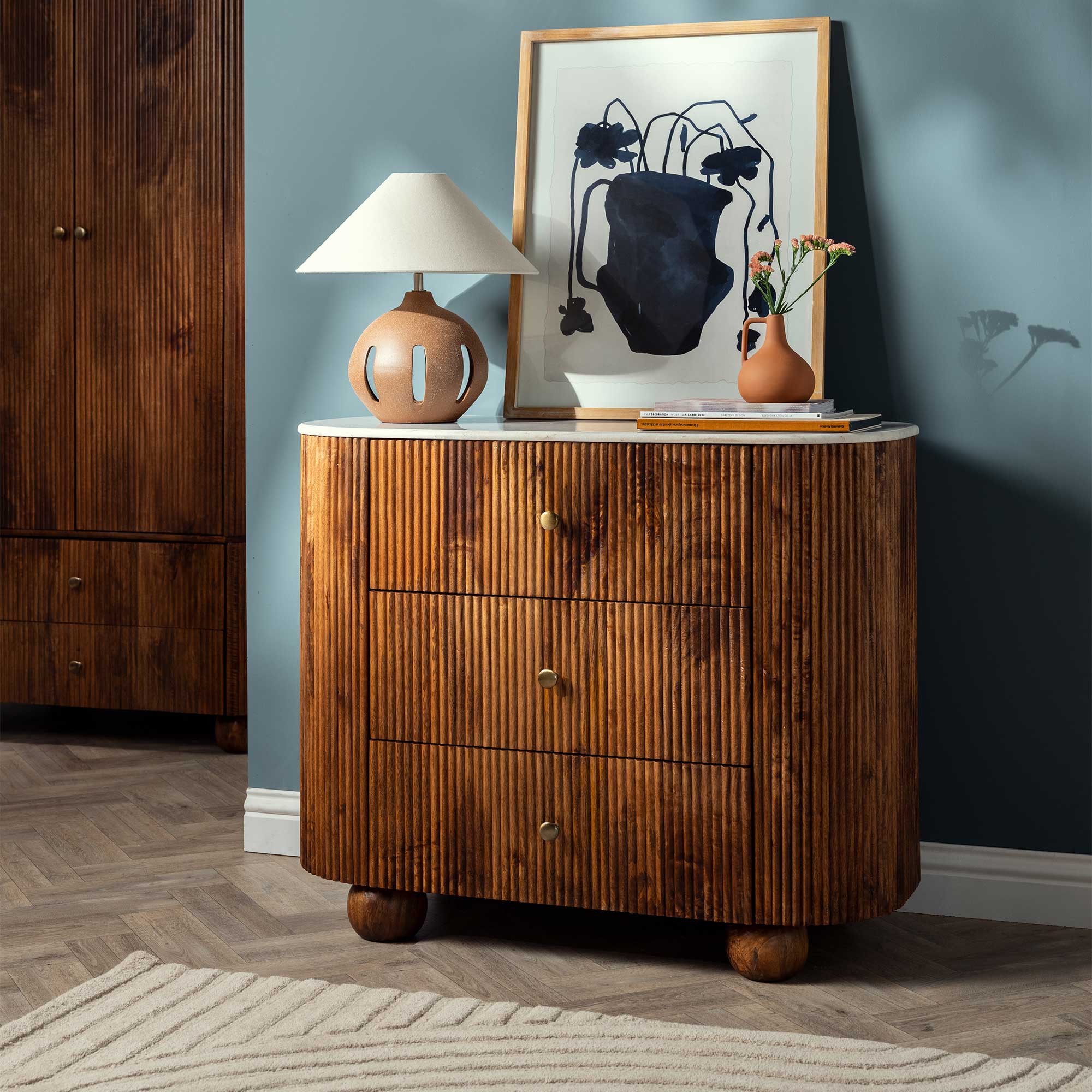 Tasso Fluted Mango Wood 3 Drawer Chest with White Marble Top, White Marble Top With Mango Wood