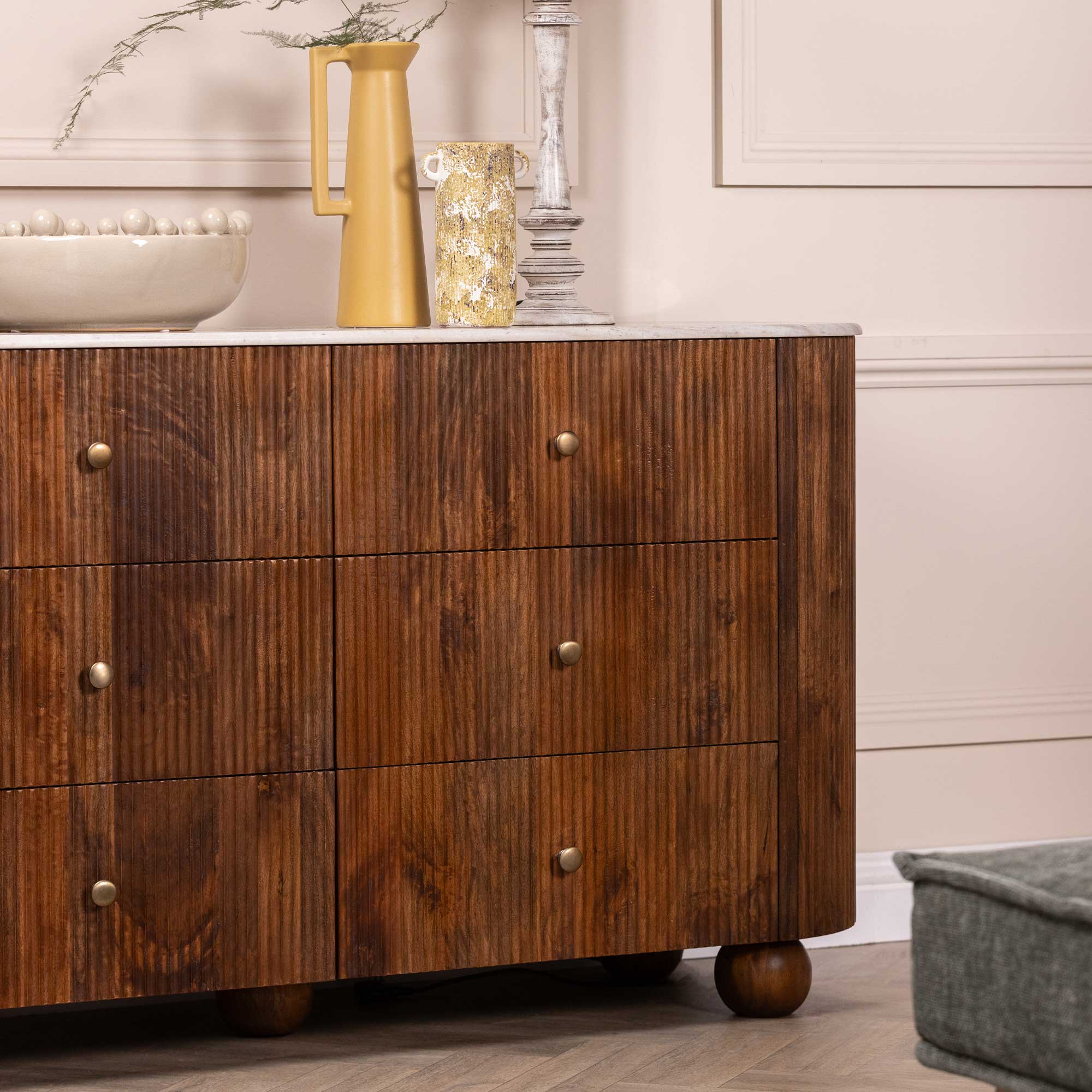 Tasso 6 Drawer Chest of Drawers - White Marble Top with Mango Wood