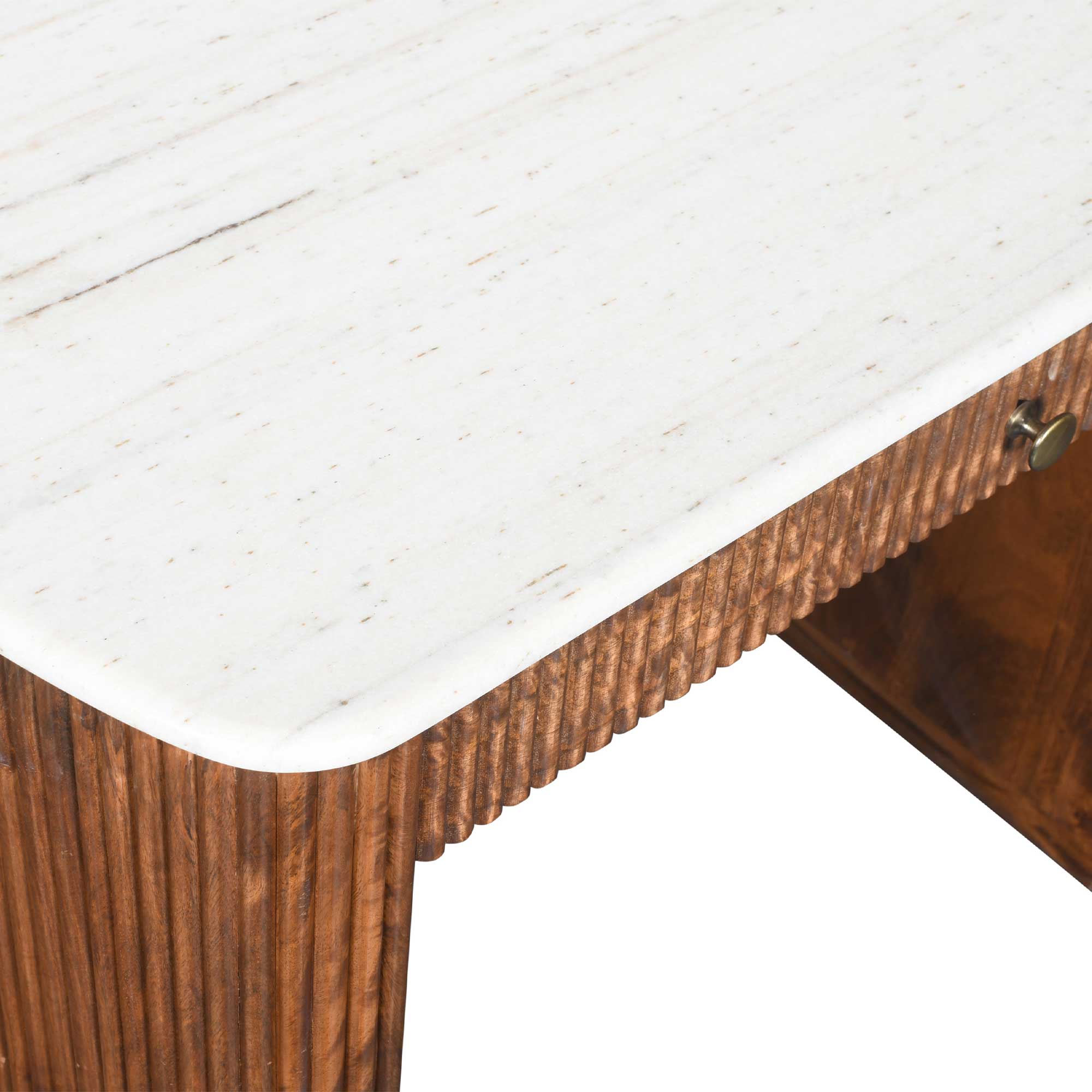 Tasso Fluted Mango Wood Office Desk With White Marble Top, Mango Fluted Wood and White Marble Top