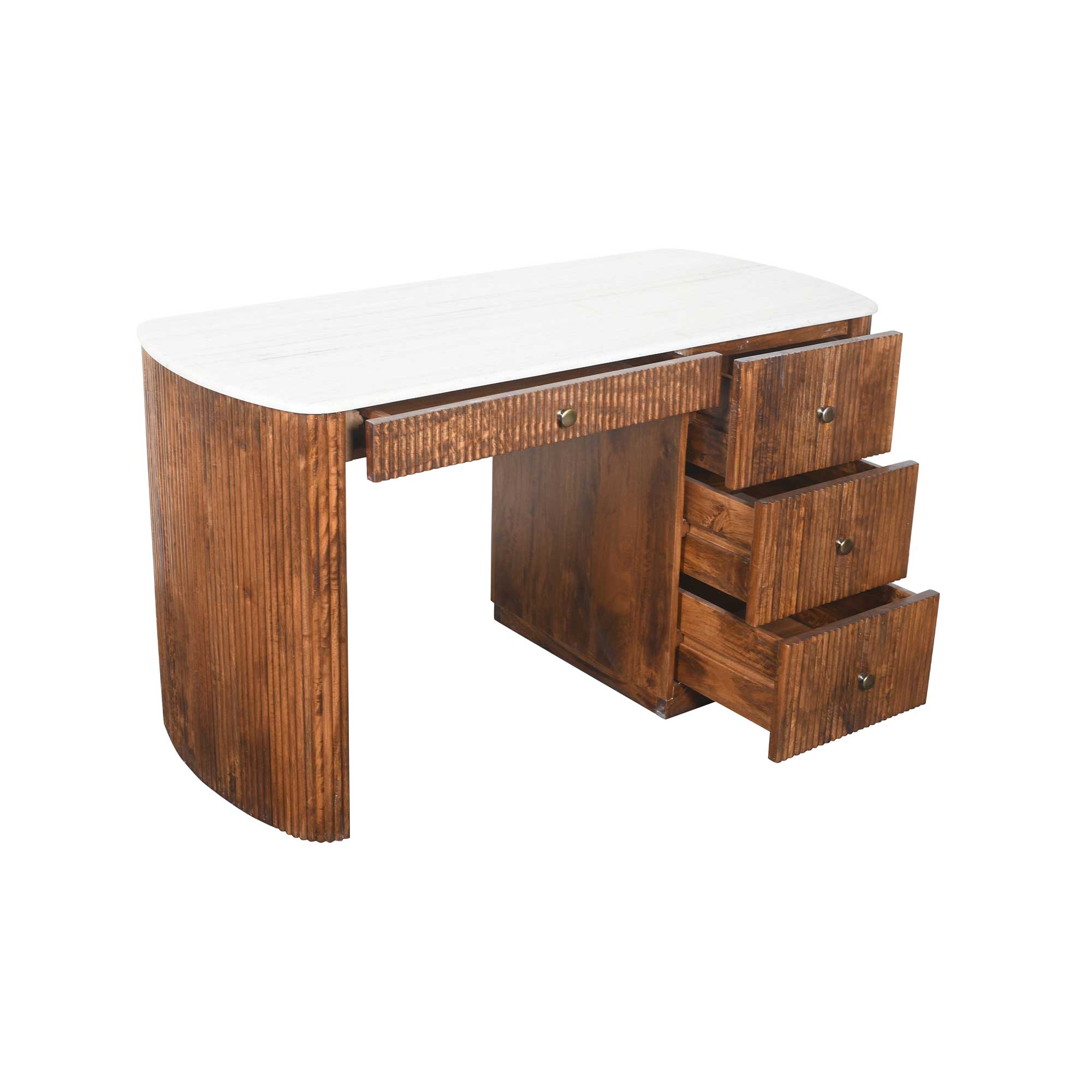 Tasso Fluted Mango Wood Office Desk With White Marble Top, Mango Fluted Wood and White Marble Top