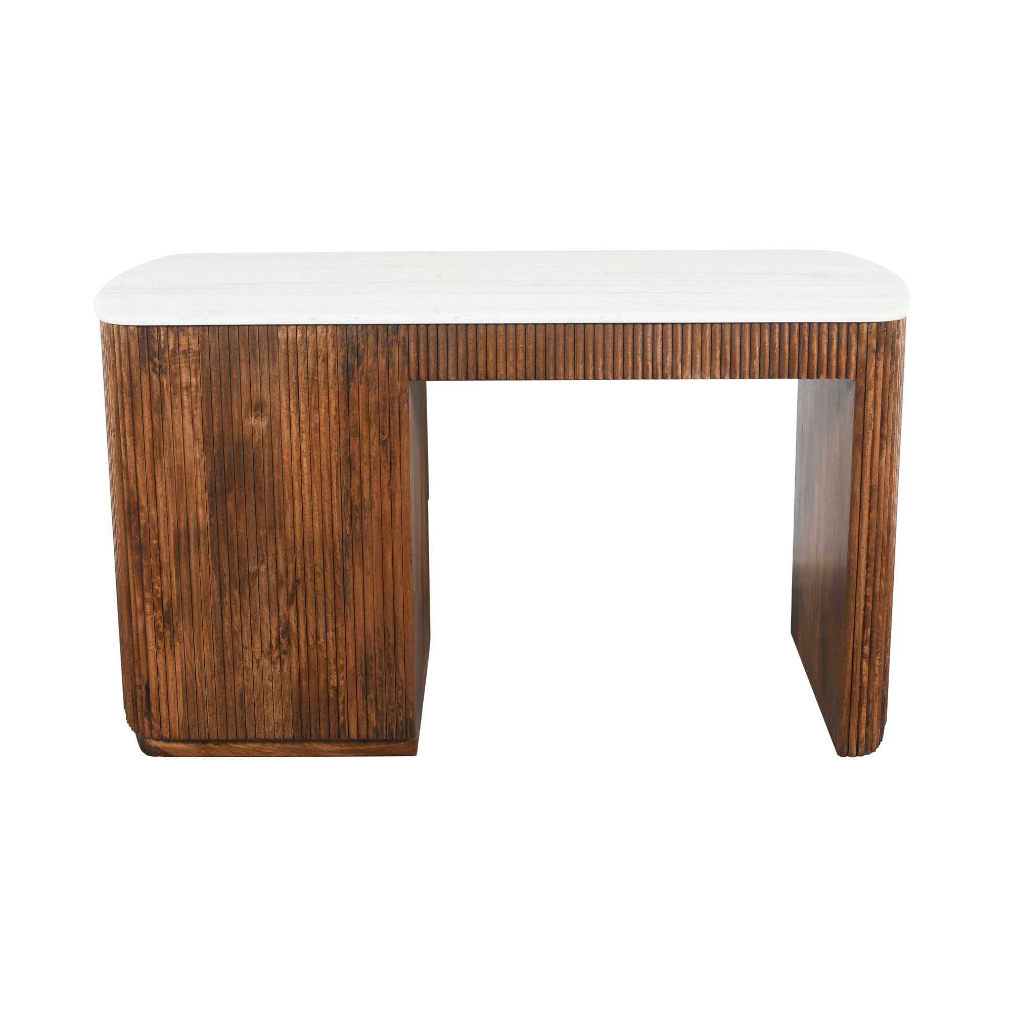 Tasso Fluted Mango Wood Office Desk With White Marble Top, Mango Fluted Wood and White Marble Top