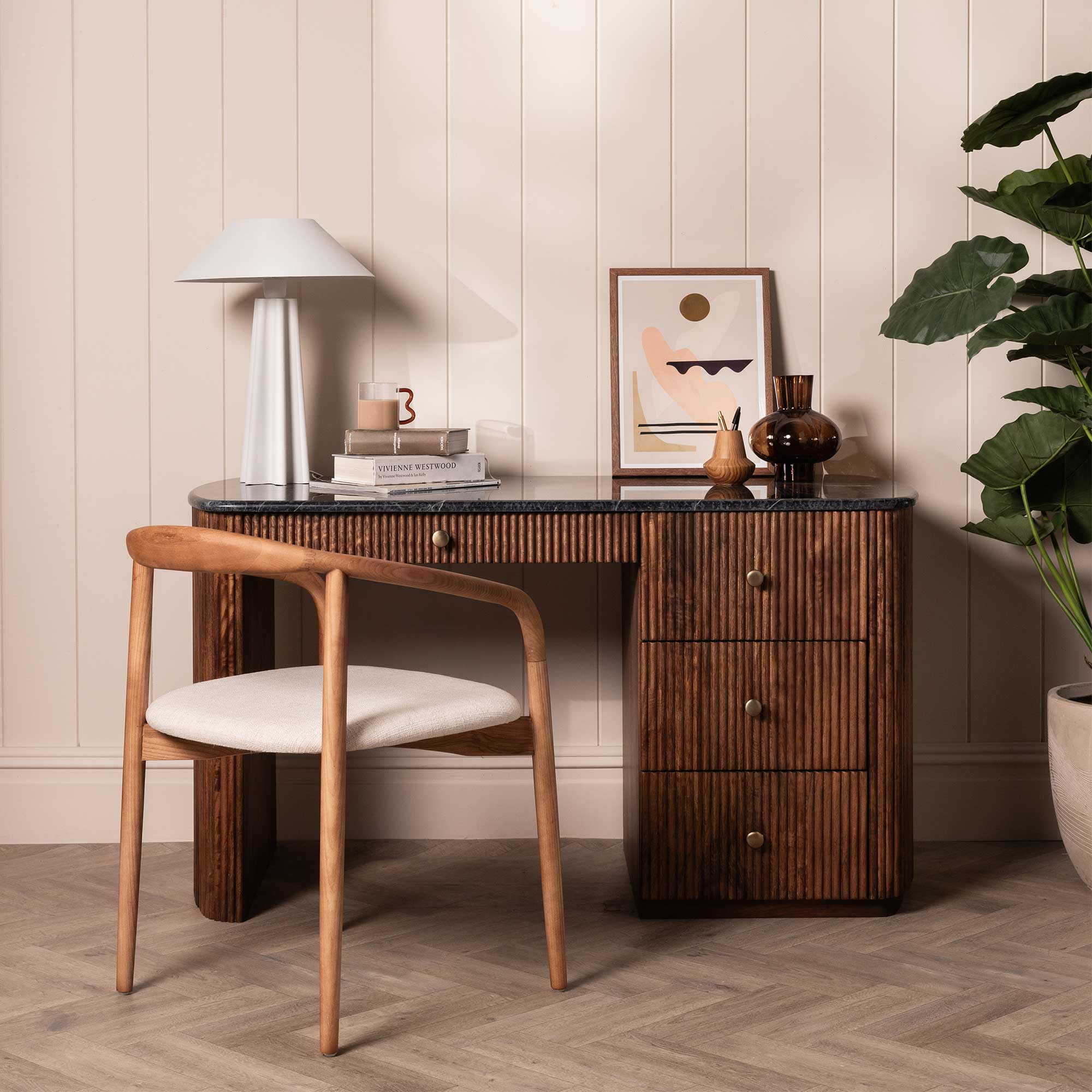 Tigris Desk with Additional Drawer - Mango Fluted Wood & Green Marble Top