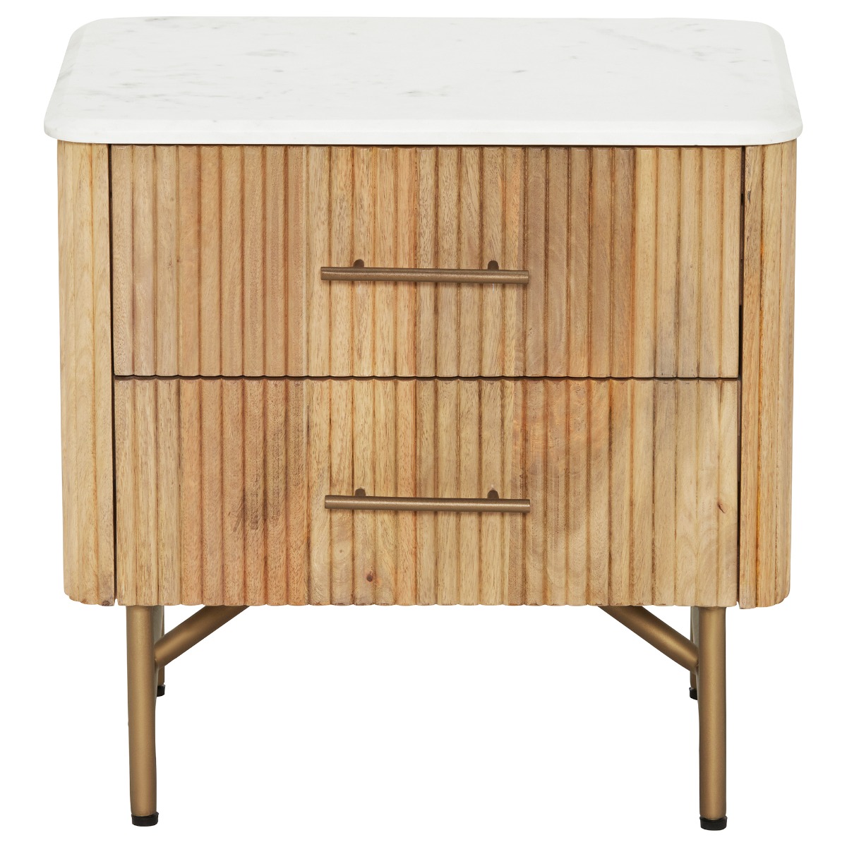 Fuji Fluted Mango Wood Small Bedside Table with Marble Top