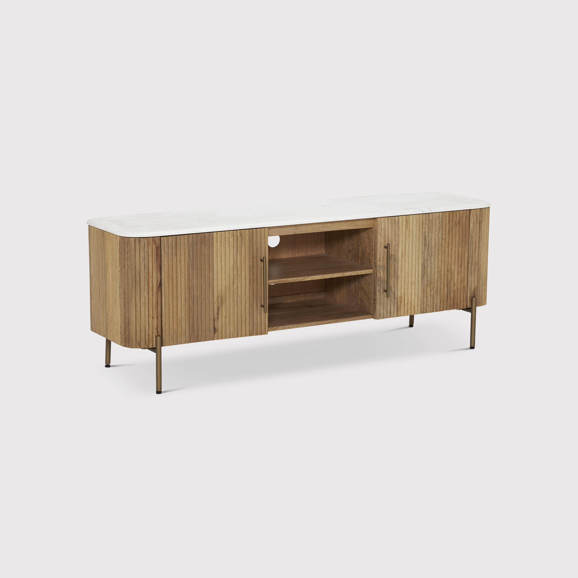 Fuji Fluted Mango Wood 2 Door TV Unit with White Marble Top