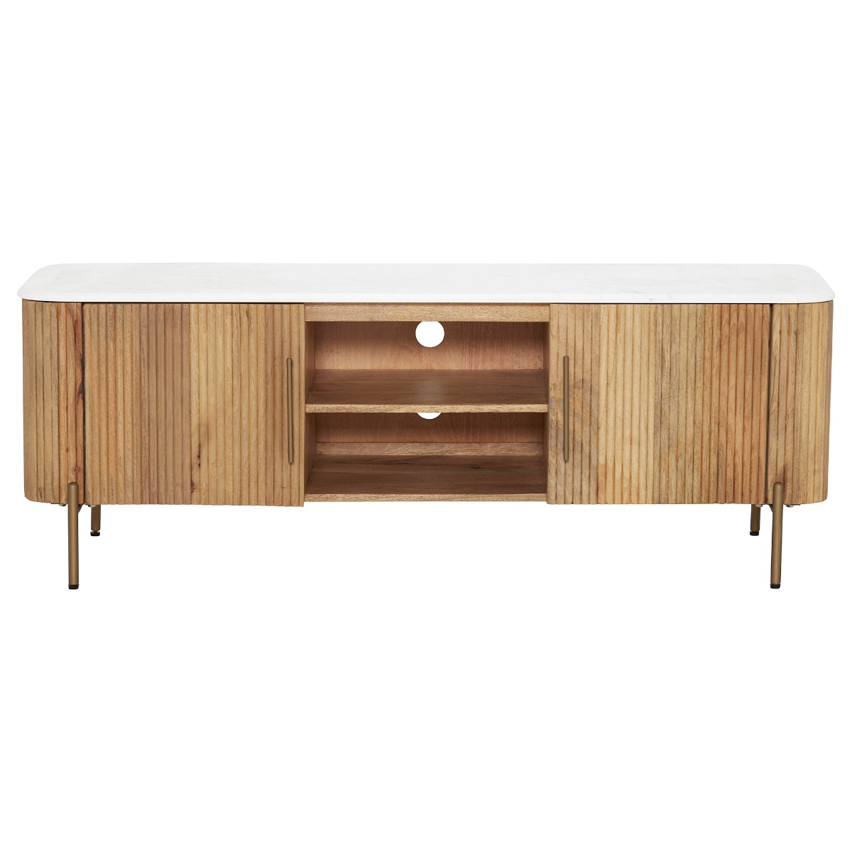 Fuji Fluted Mango Wood 2 Door TV Unit with White Marble Top