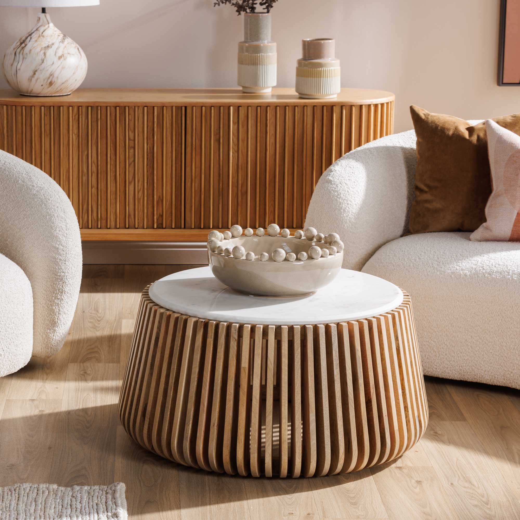 Ombra Coffee Table - White Marble And Natural Mango Base