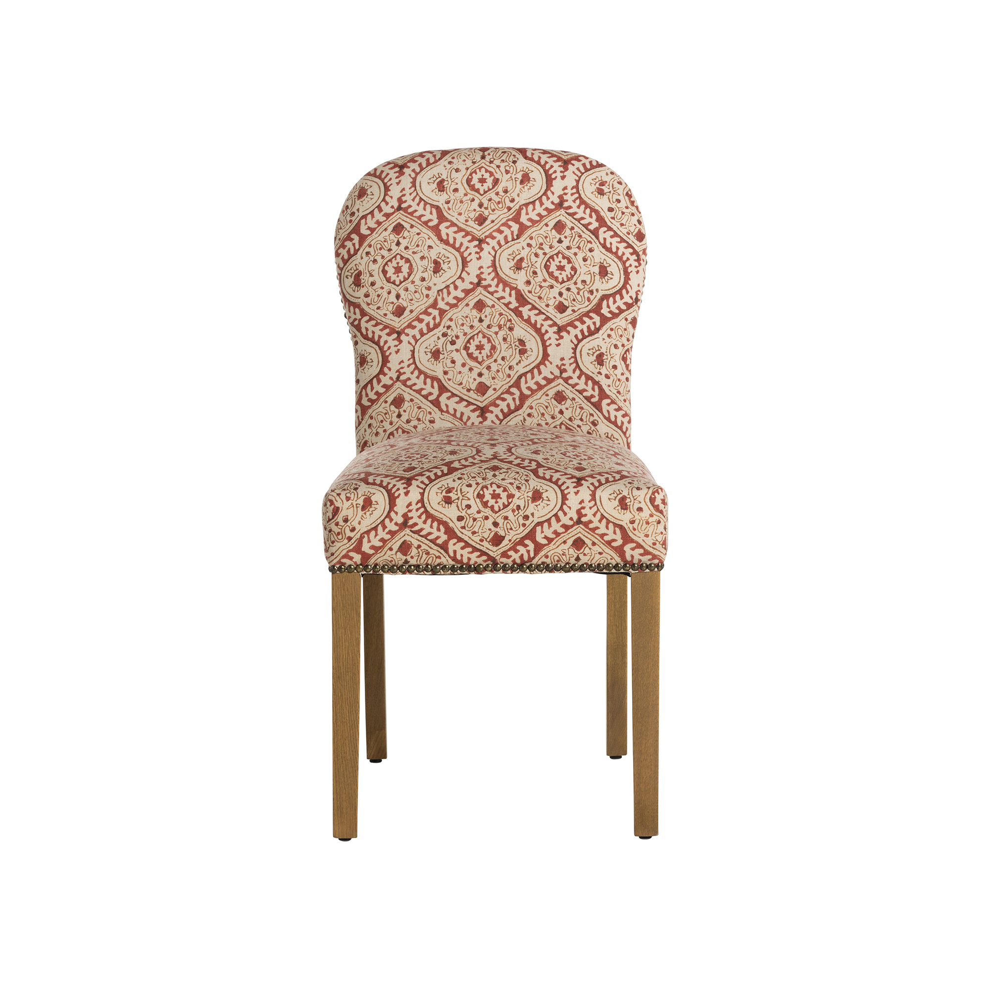 Gable x Linwood Patterned Fabric Dining Chair with Solid Wood Legs, In Linwood Kala Chestnut Light Foot With Studs