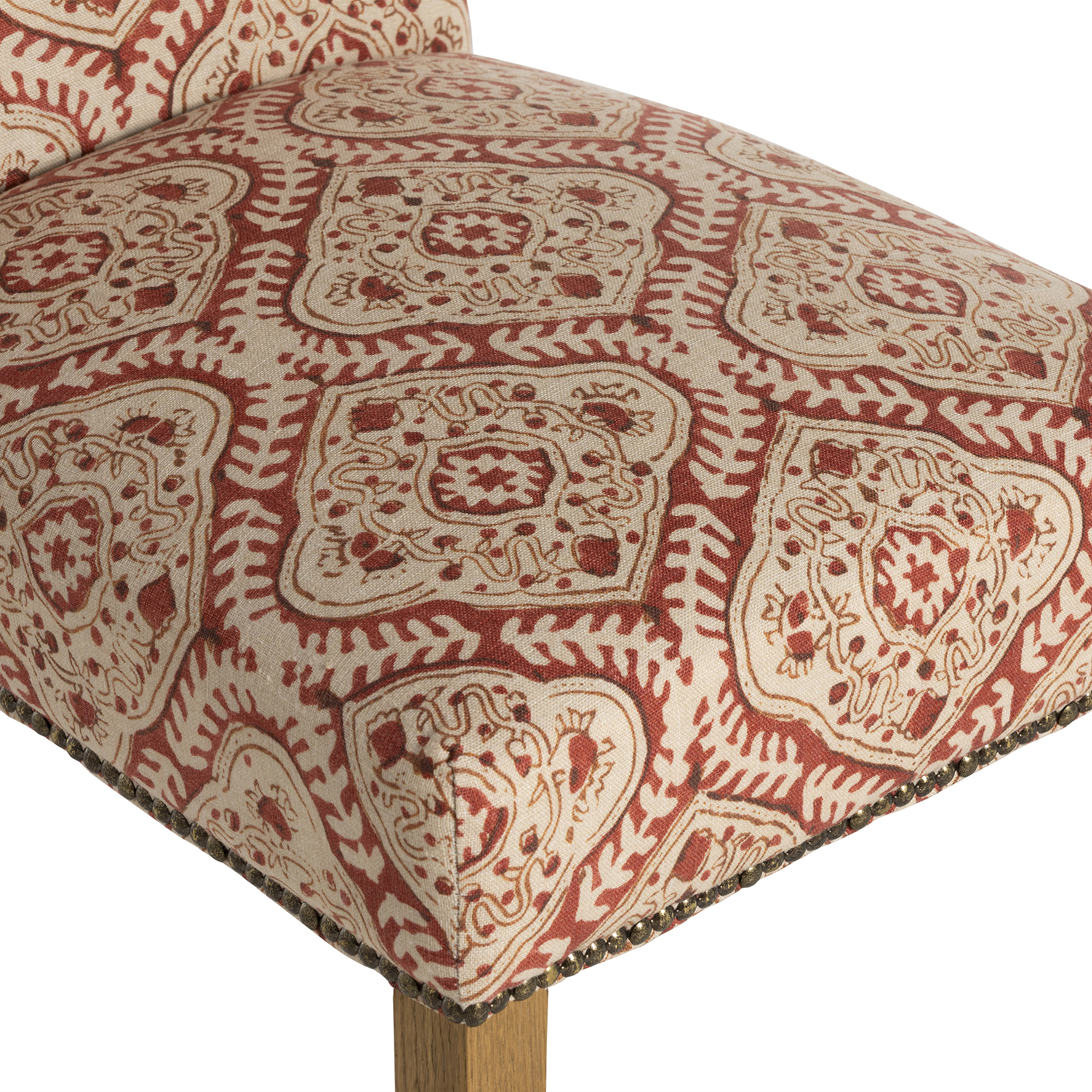 Gable x Linwood Patterned Fabric Dining Chair with Solid Wood Legs, In Linwood Kala Chestnut Light Foot With Studs