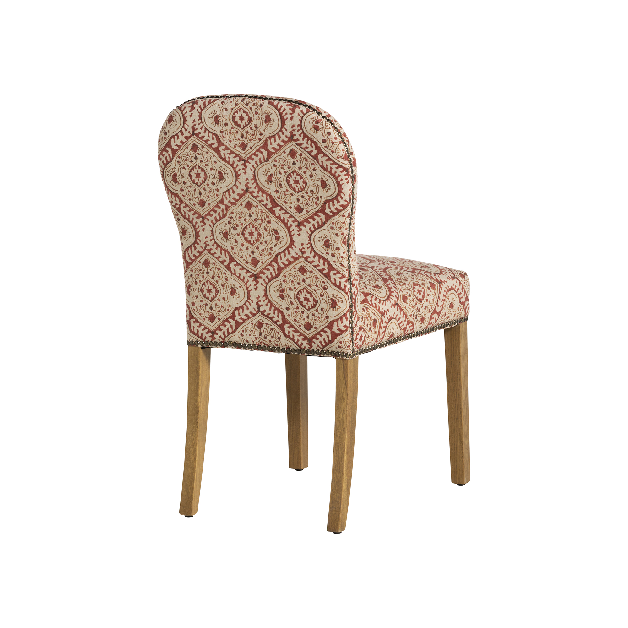 Gable x Linwood Patterned Fabric Dining Chair with Solid Wood Legs, In Linwood Kala Chestnut Light Foot With Studs