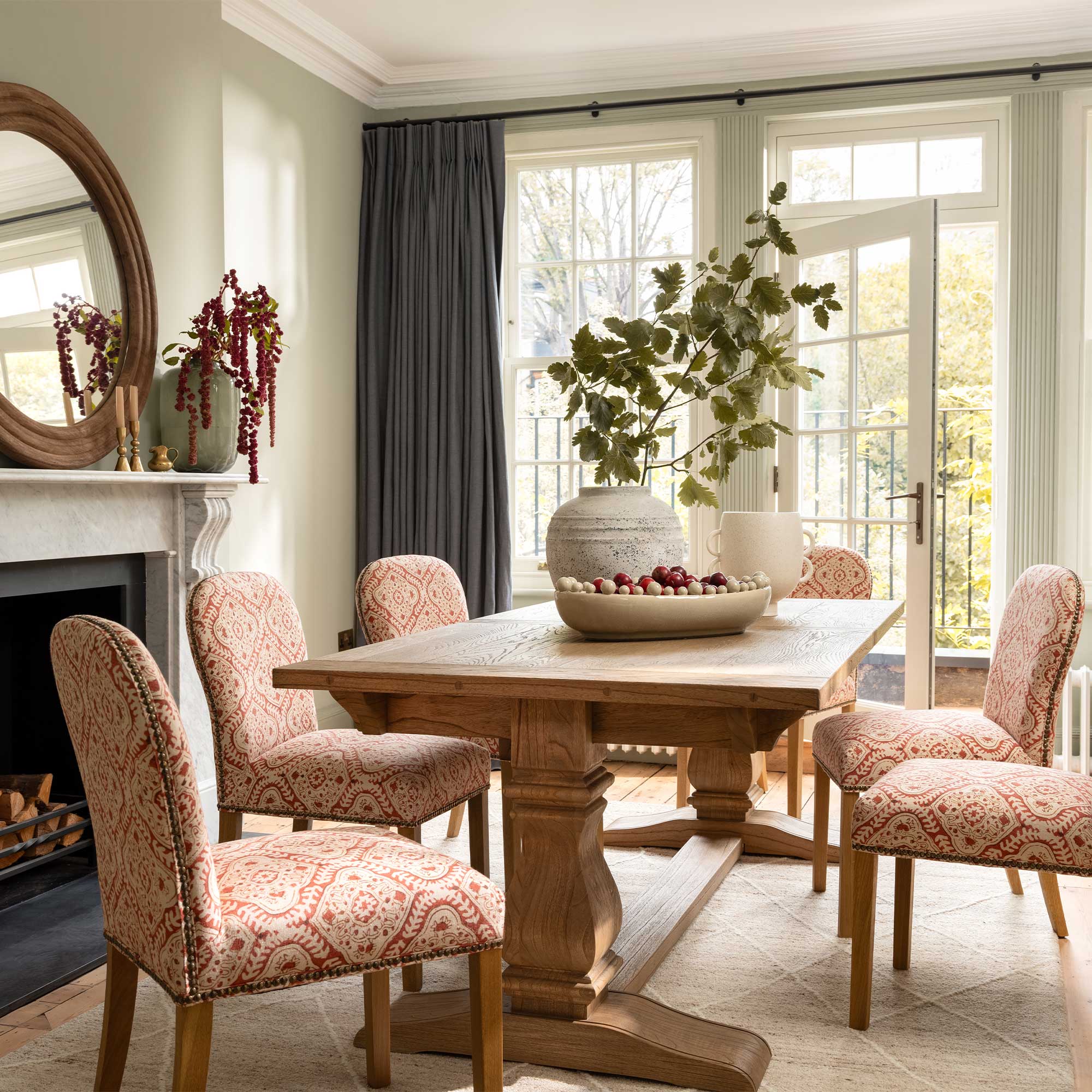 Gable x Linwood Patterned Fabric Dining Chair with Solid Wood Legs, In Linwood Kala Chestnut Light Foot With Studs