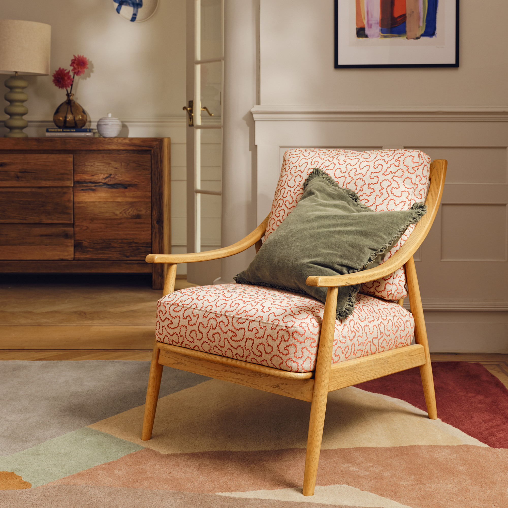 Runa x Linwood Patterned Fabric Accent Chair with Solid Wood Frame, In Linwood Wiggle Ginger