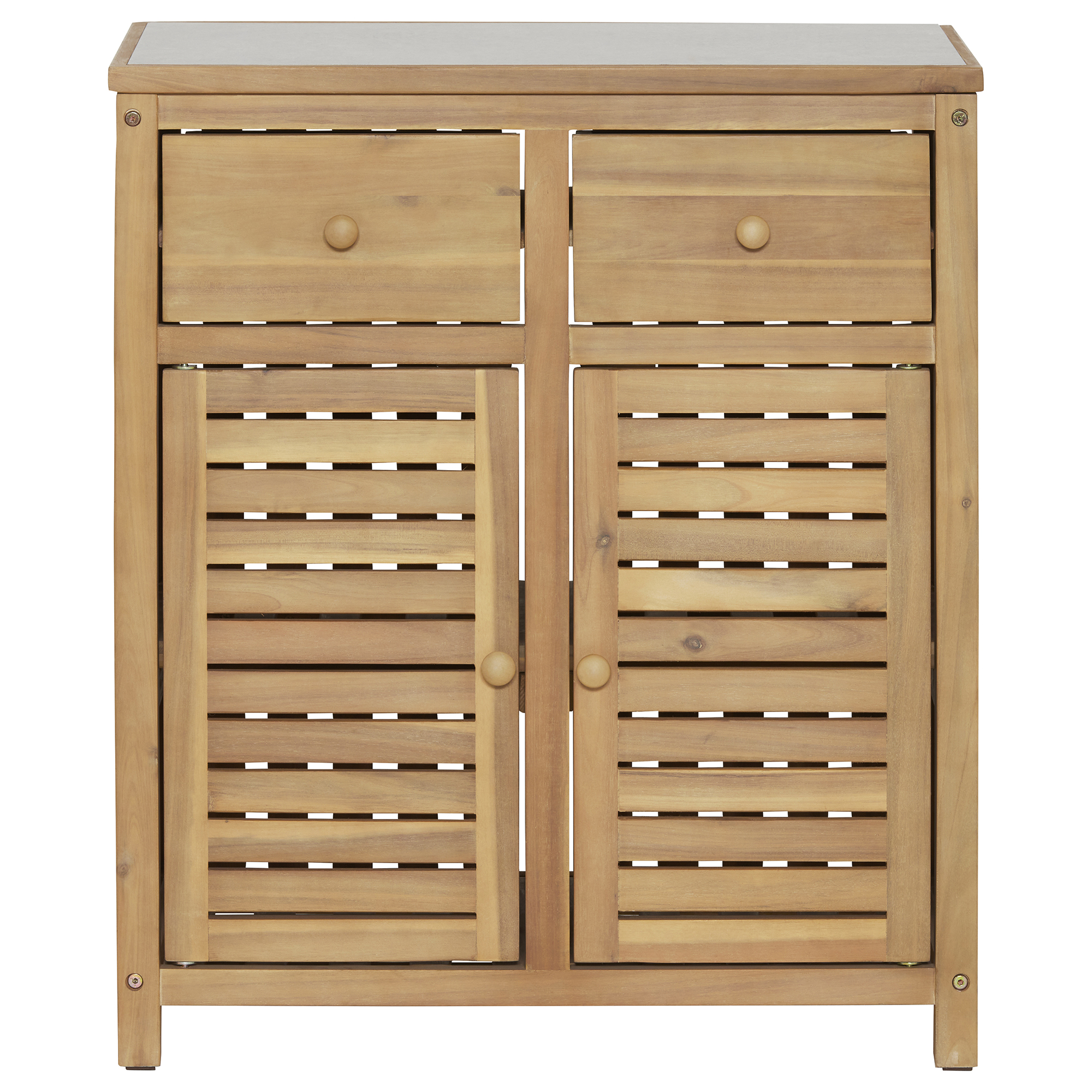 Calabria Teak Wood 2 Door, 2 Drawer Outdoor Kitchen Cabinet, Light Teak and Stone Grey
