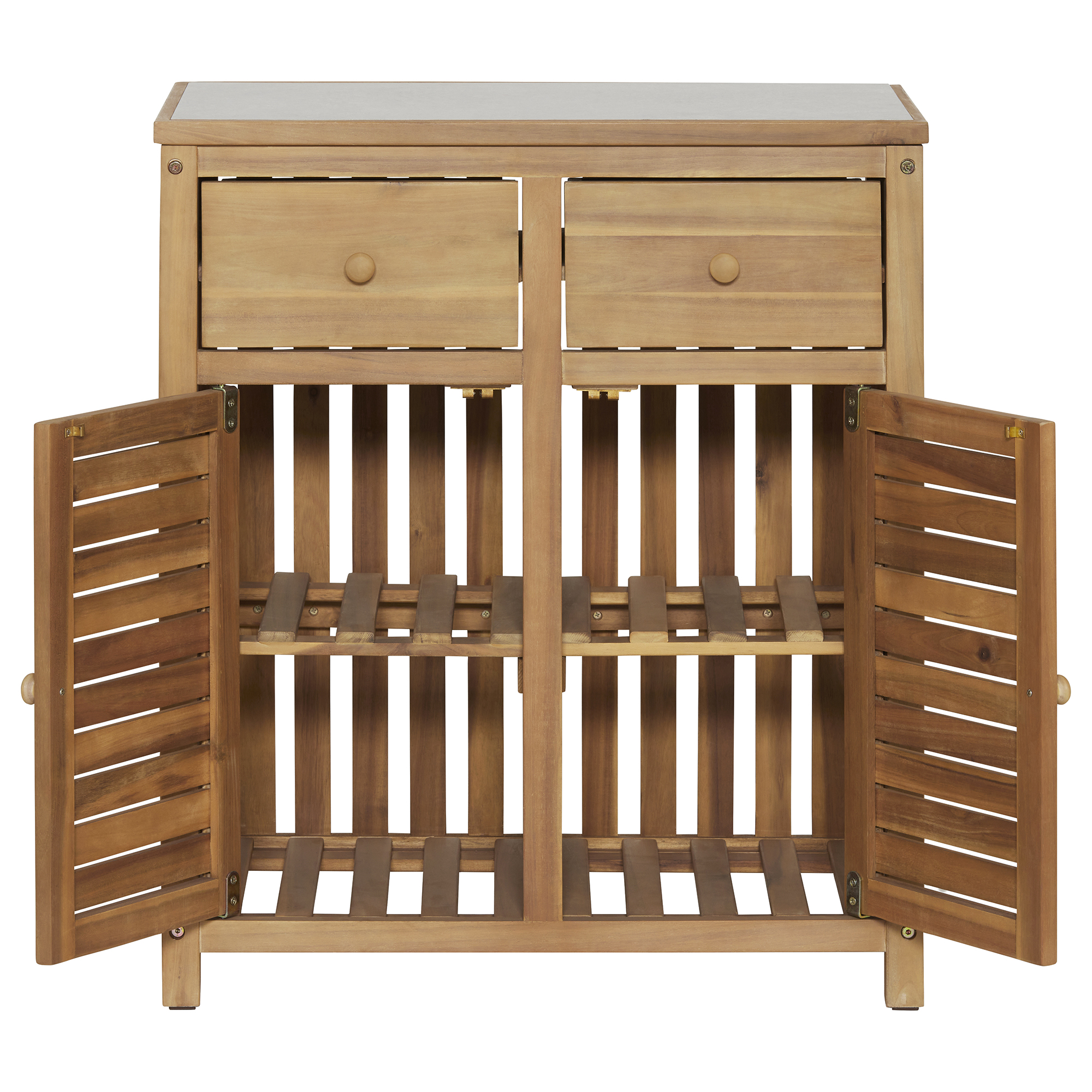 Calabria Teak Wood 2 Door, 2 Drawer Outdoor Kitchen Cabinet, Light Teak and Stone Grey