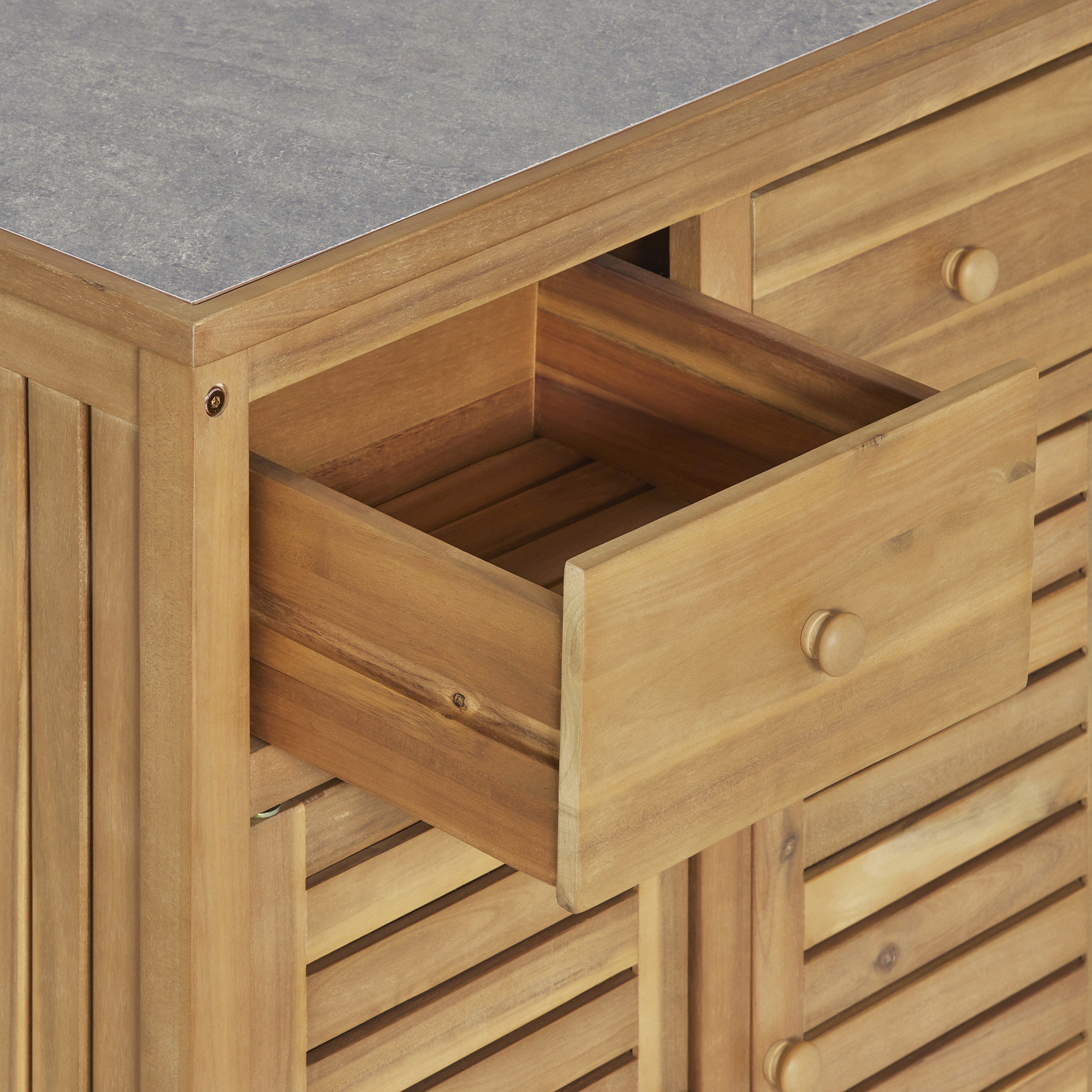 Calabria Teak Wood 2 Door, 2 Drawer Outdoor Kitchen Cabinet, Light Teak and Stone Grey