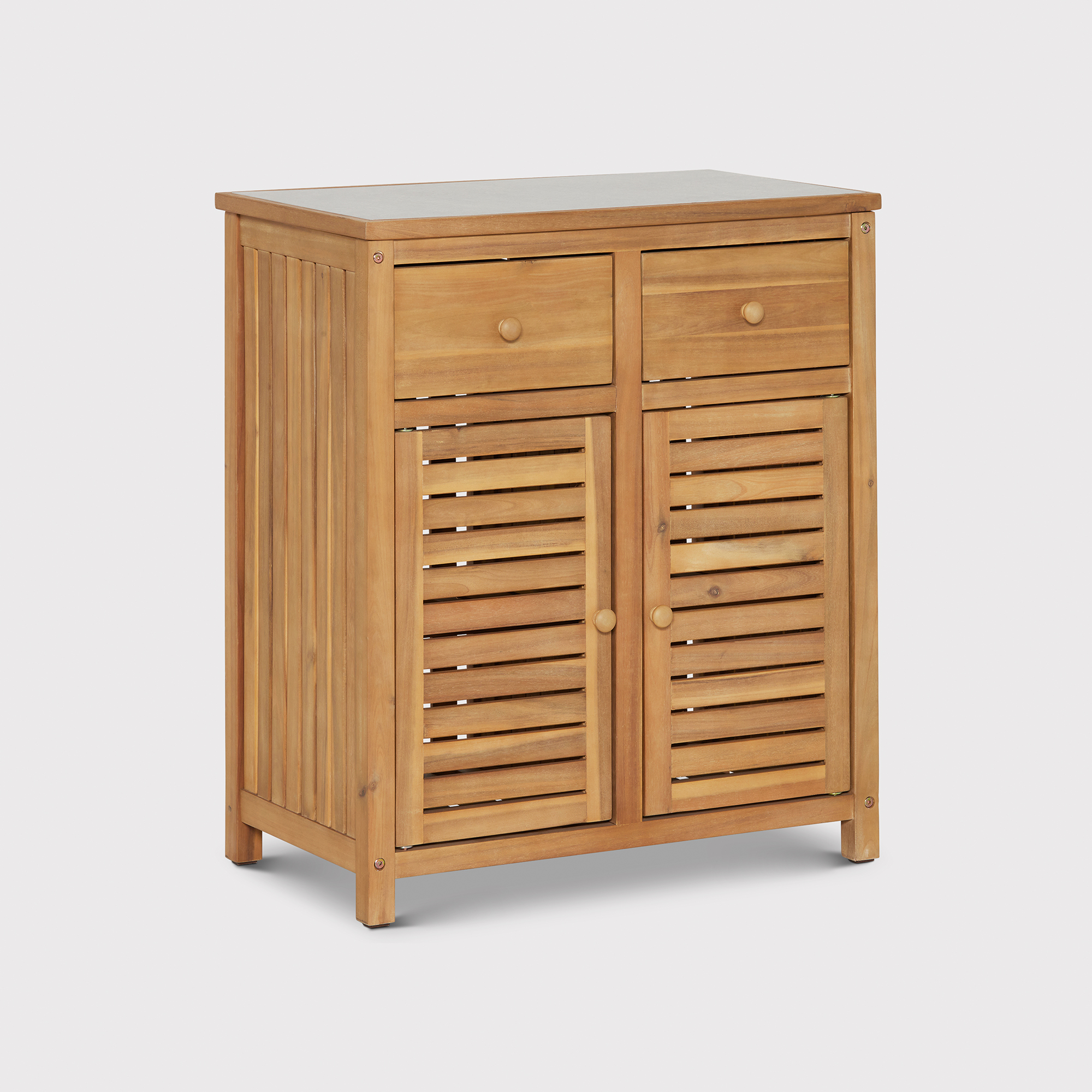 Calabria Teak Wood 2 Door, 2 Drawer Outdoor Kitchen Cabinet, Light Teak and Stone Grey
