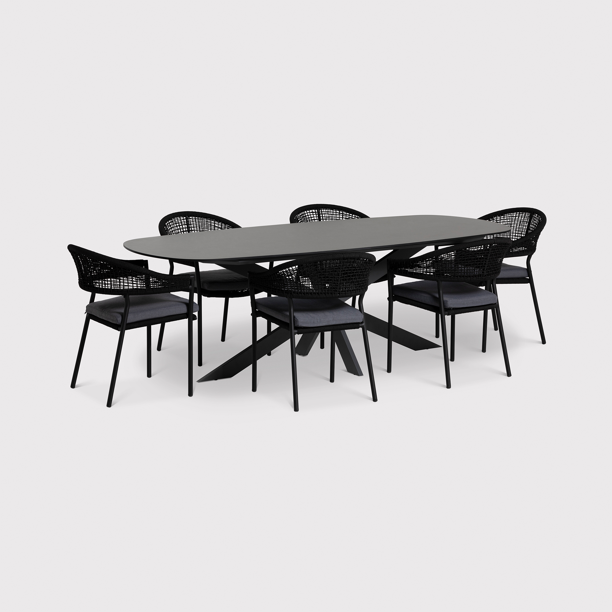 Torino Dark Grey Ceramic Garden Dining Table and Black Rope Chairs, Seats 6