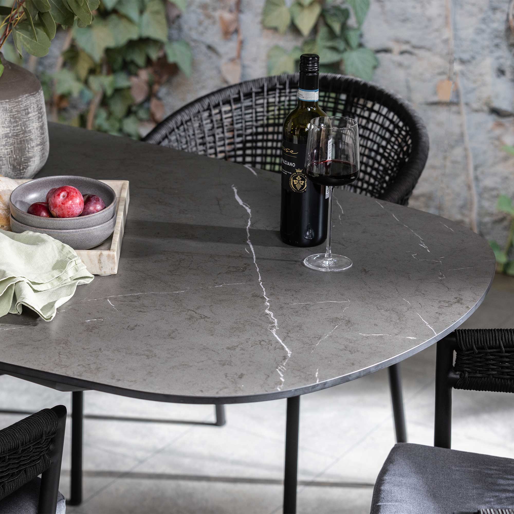 Torino Dark Grey Ceramic Garden Dining Table and Black Rope Chairs, Seats 6