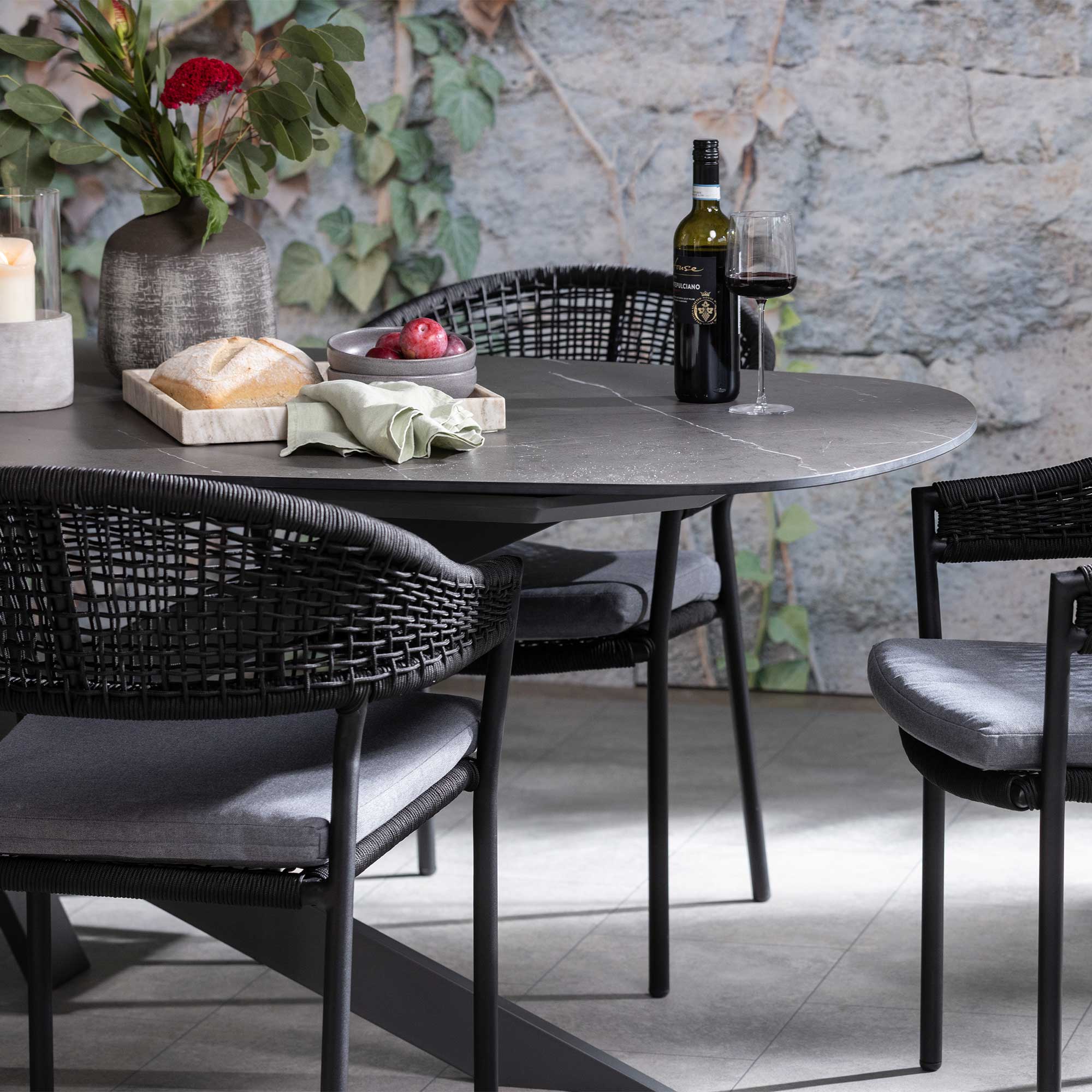 Torino Dark Grey Ceramic Garden Dining Table and Black Rope Chairs, Seats 6