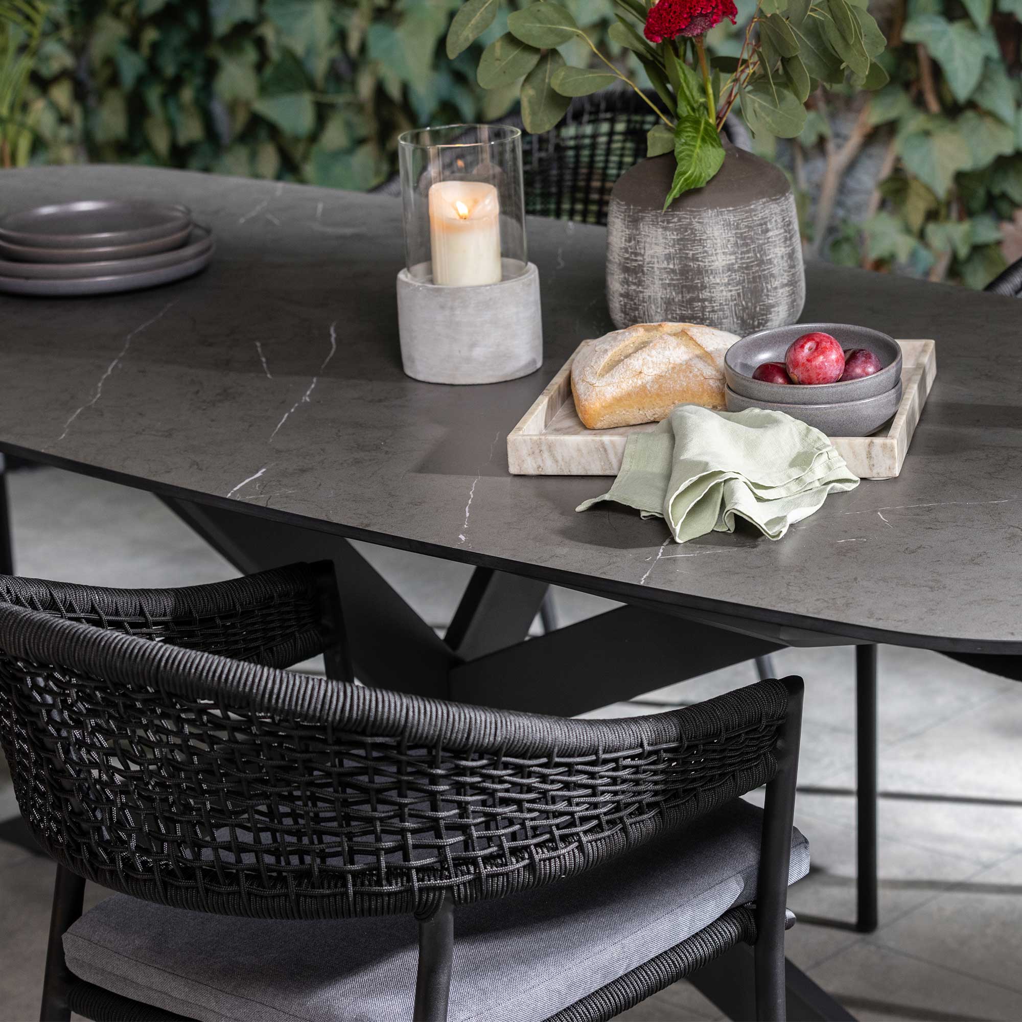 Torino Dark Grey Ceramic Garden Dining Table and Black Rope Chairs, Seats 6