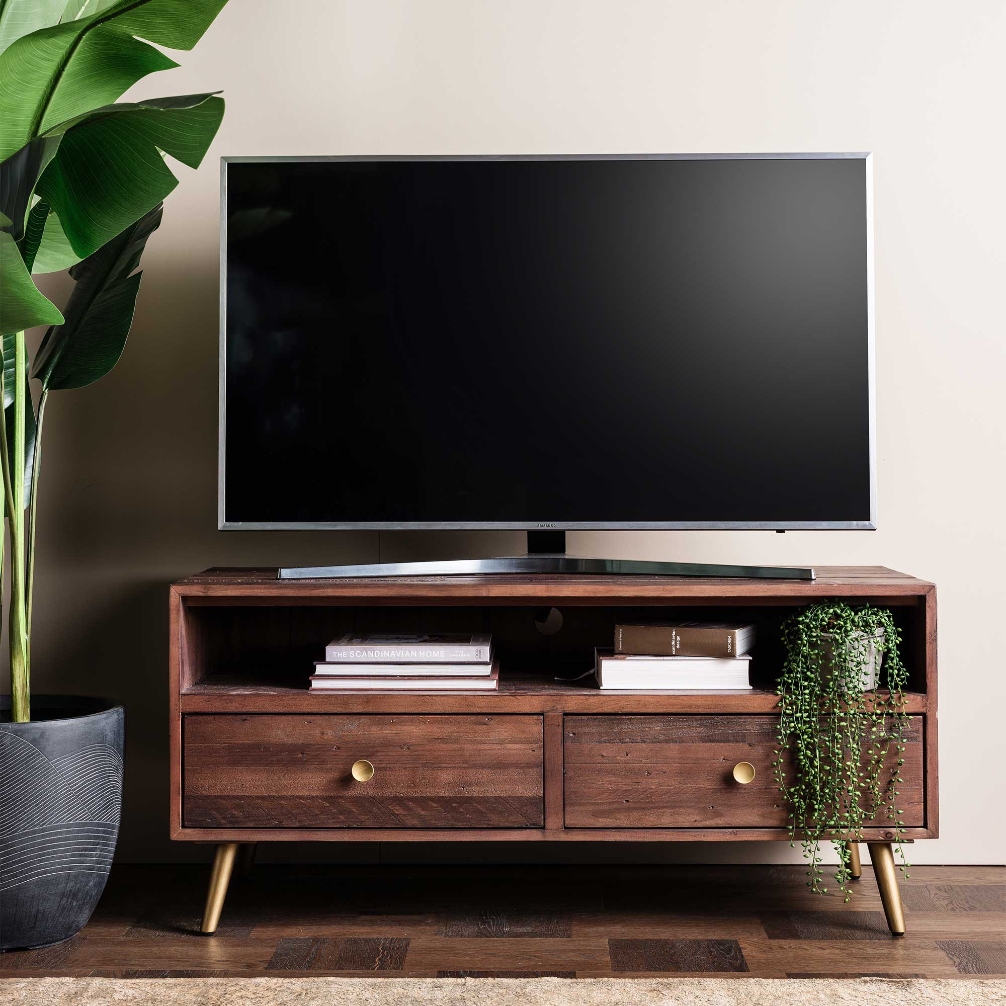 Modi Reclaimed Wood Lowline TV Cabinet with 2 Drawers, Rustic Saddle Tan with Brass Legs