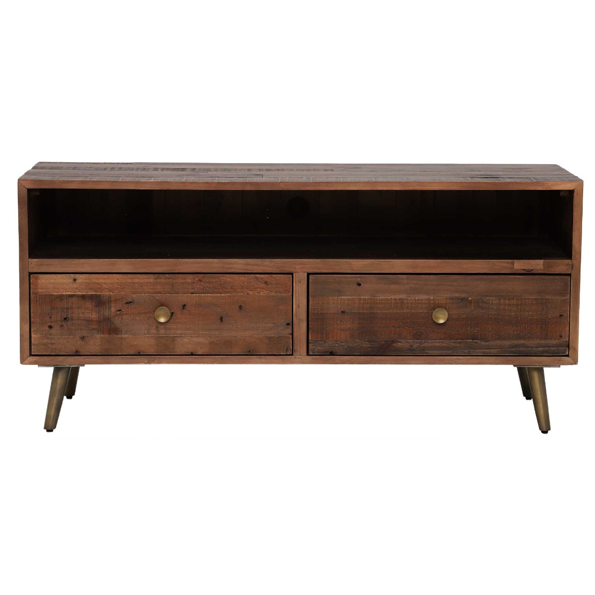 Modi Reclaimed Wood Lowline TV Cabinet with 2 Drawers, Rustic Saddle Tan with Brass Legs