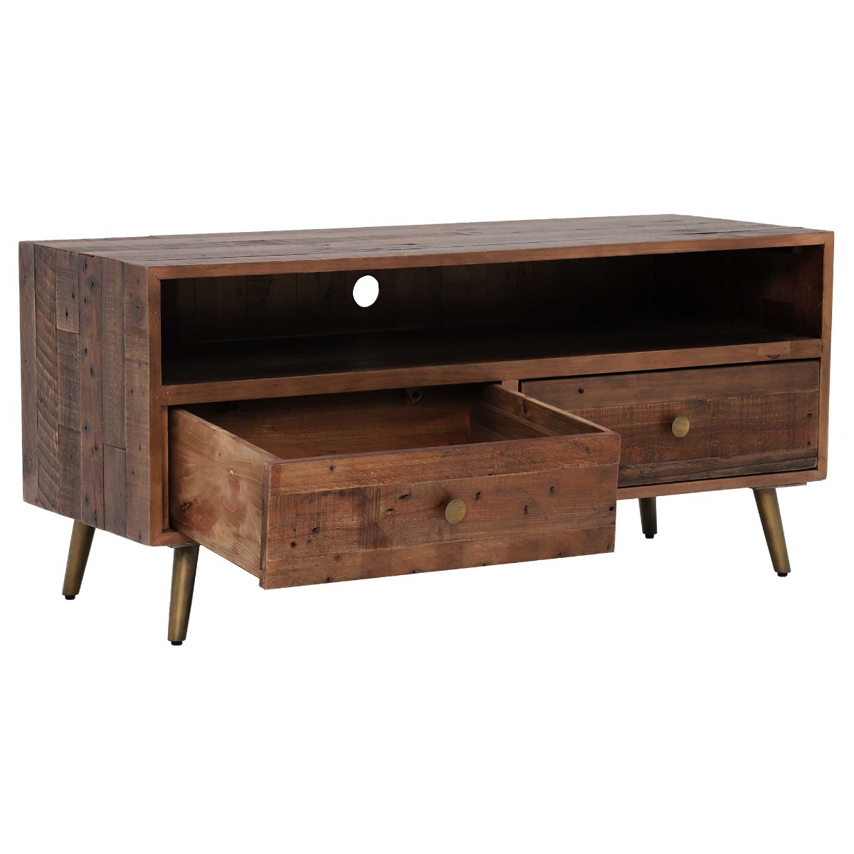 Modi Reclaimed Wood Lowline TV Cabinet with 2 Drawers, Rustic Saddle Tan with Brass Legs