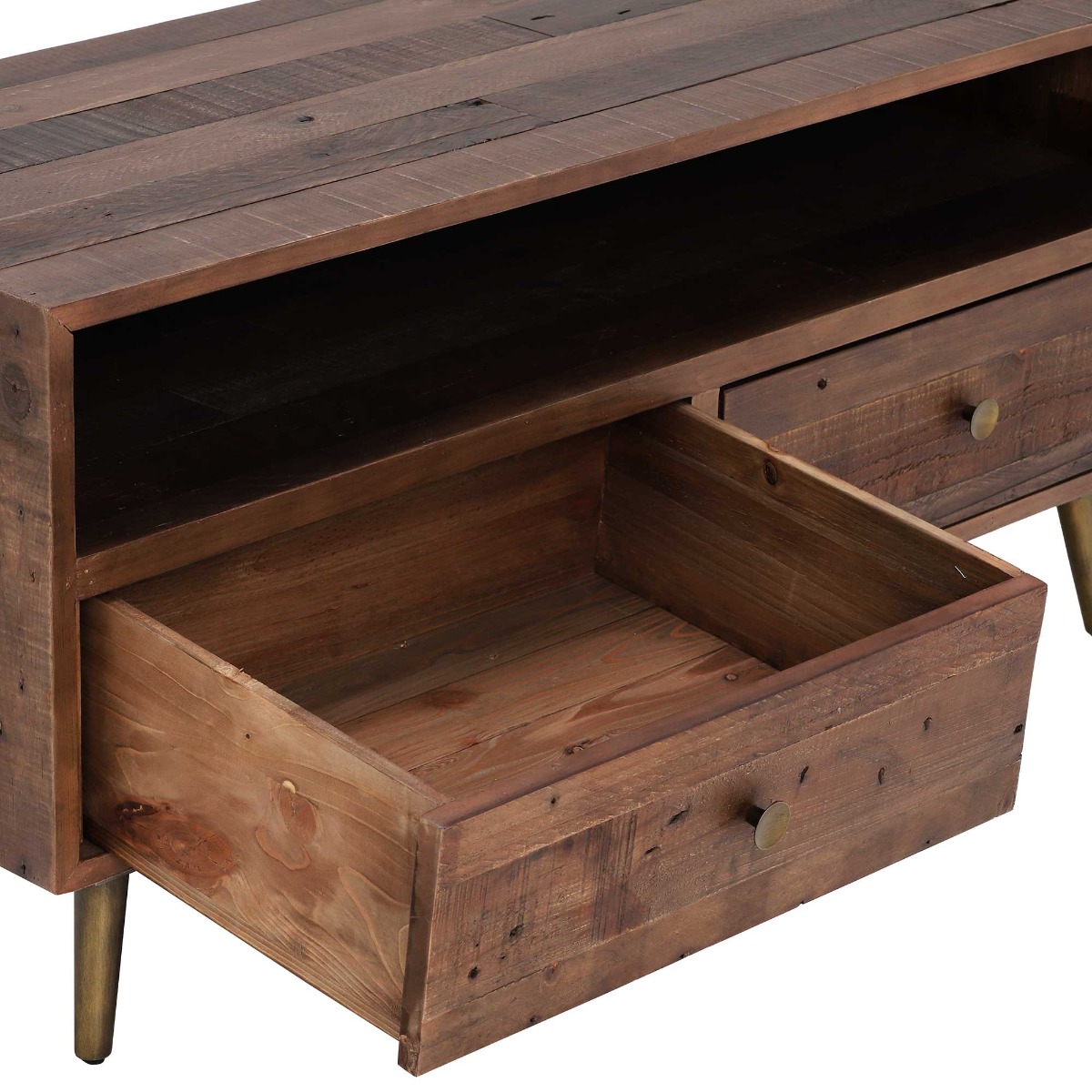 Modi Reclaimed Wood Lowline TV Cabinet with 2 Drawers, Rustic Saddle Tan with Brass Legs