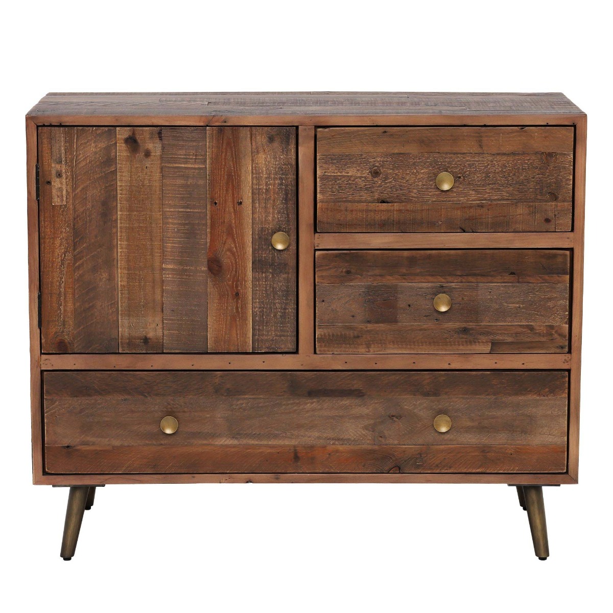 Modi Reclaimed Wood 3 Drawer, 1 Door Sideboard, Rustic Saddle Tan with Brass Legs