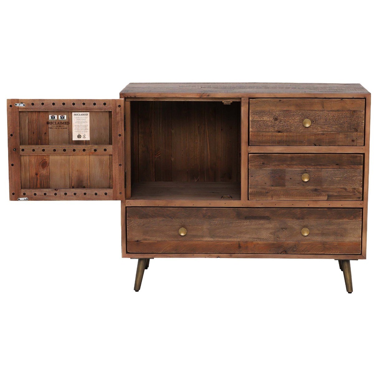 Modi Reclaimed Wood 3 Drawer, 1 Door Sideboard, Rustic Saddle Tan with Brass Legs