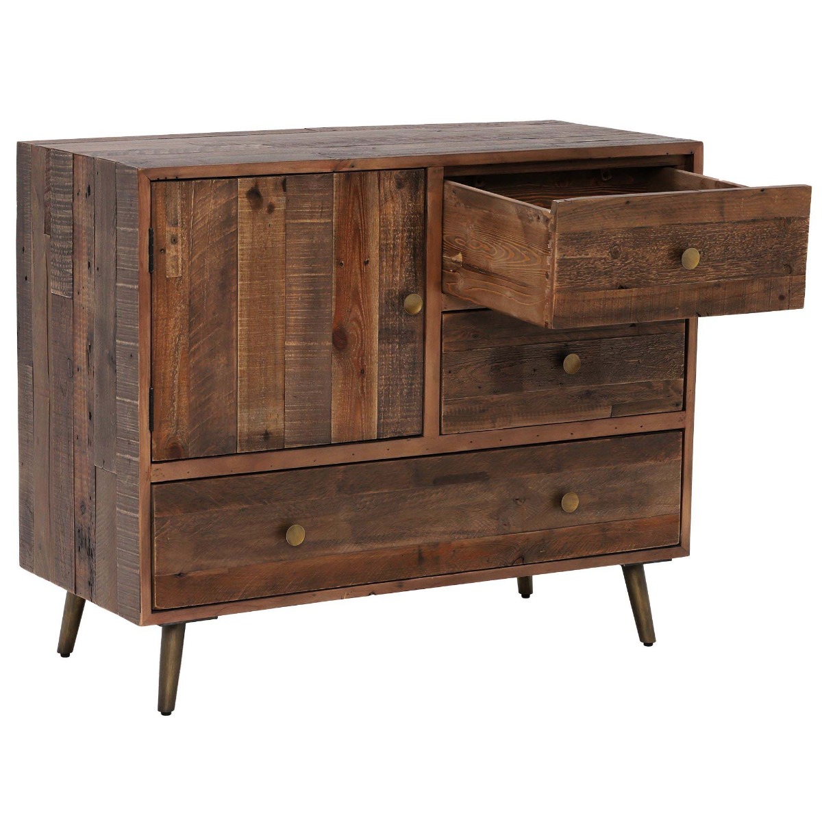 Modi Reclaimed Wood 3 Drawer, 1 Door Sideboard, Rustic Saddle Tan with Brass Legs