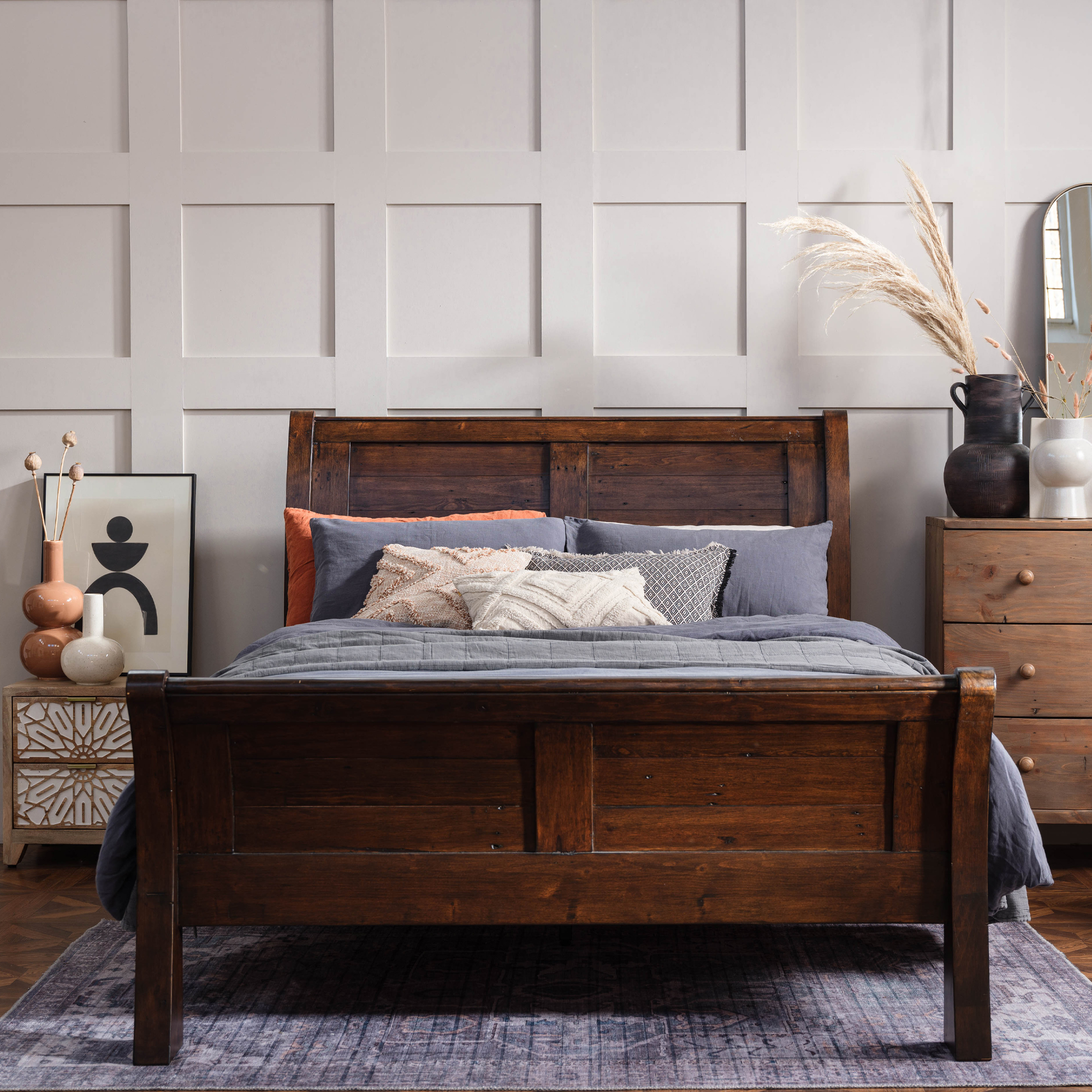 Navajos Dark Brown Reclaimed Wood Panelled King Bed Frame