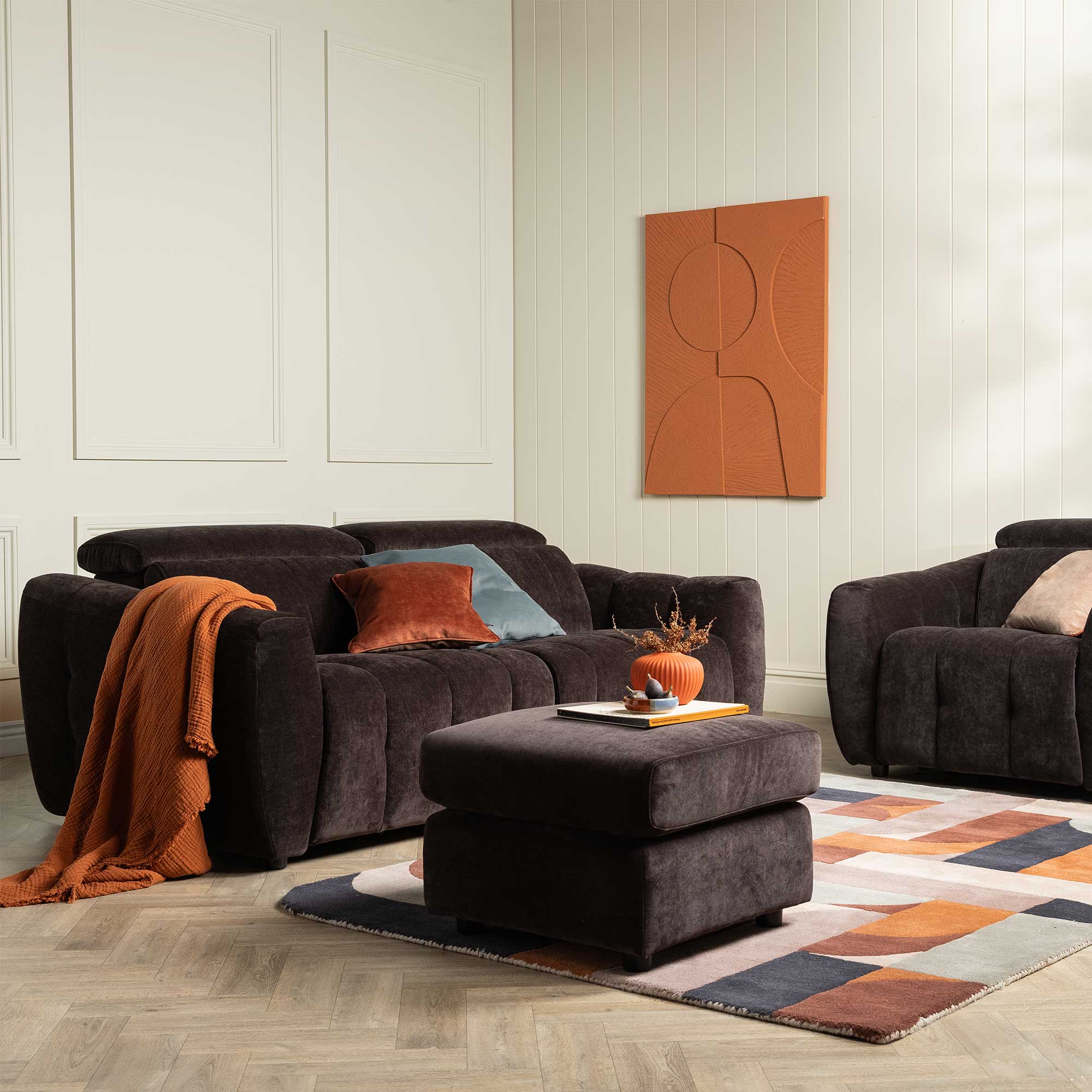 Montgomery Dark Brown Fabric Footstool, Manhattan Mushroom