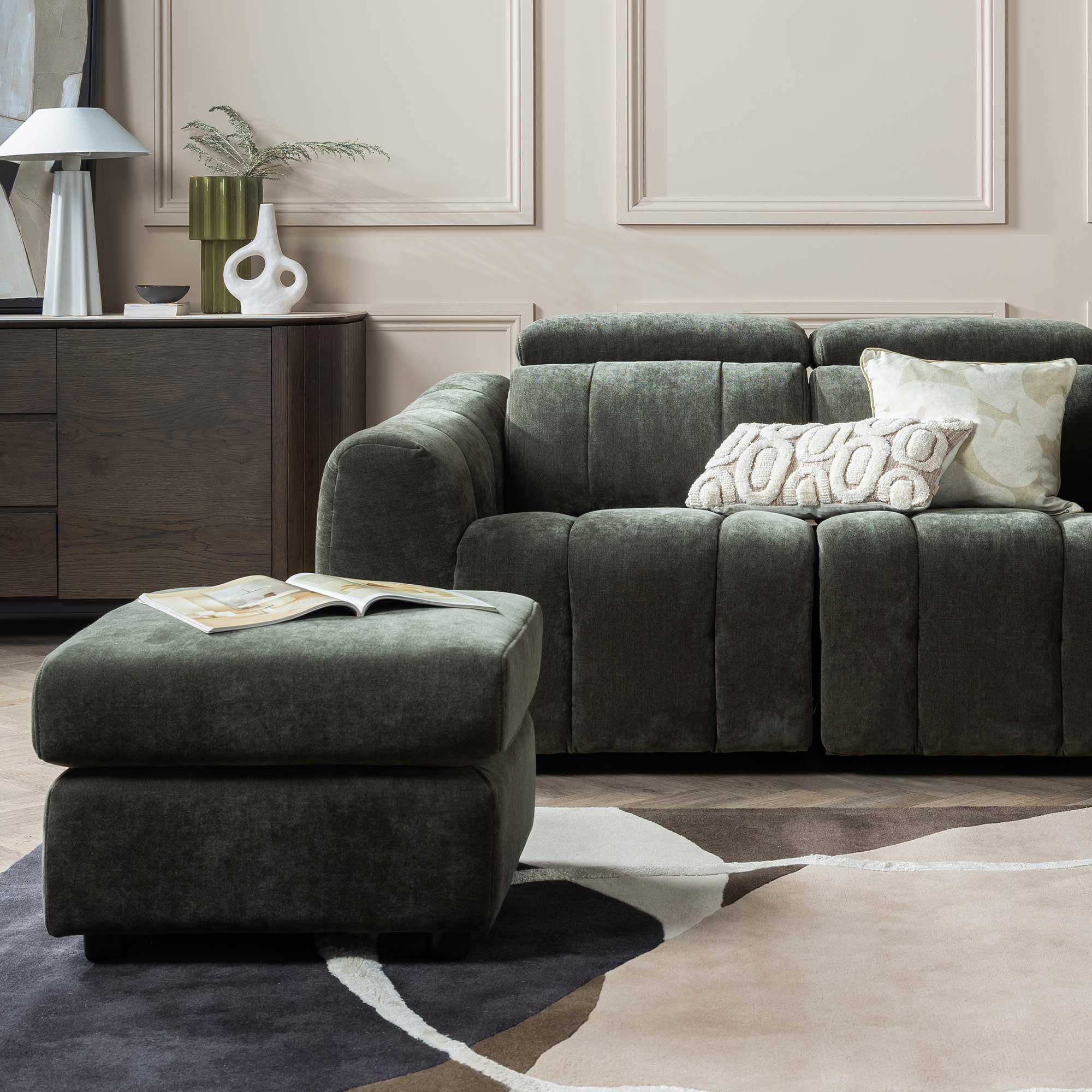 Montgomery Green Fabric Footstool, Manhattan Pine