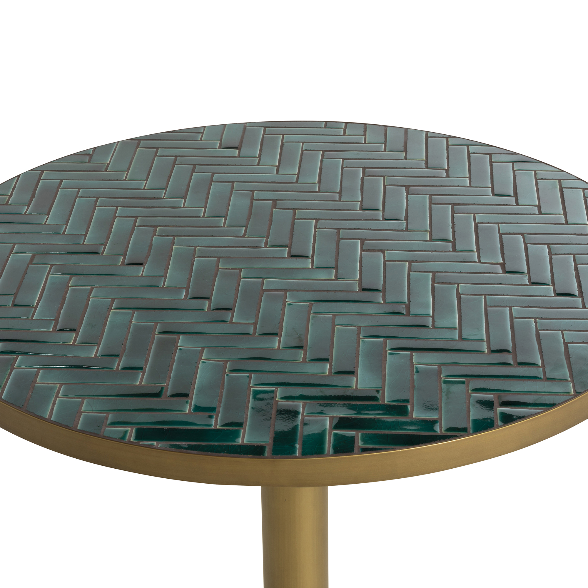 Atlantic Green Garden Pedestal Bistro Table, Herringbone Mosaic and Brass Metal
