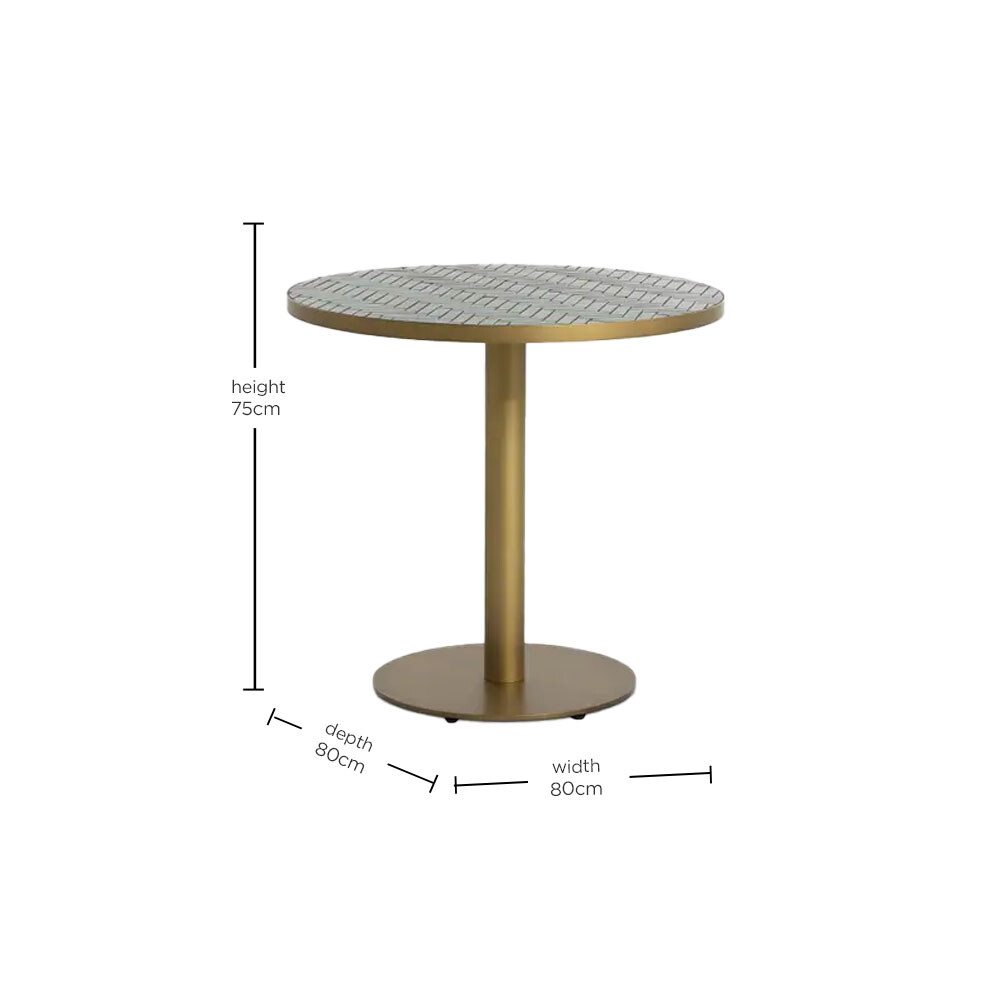Atlantic Green Garden Pedestal Bistro Table, Herringbone Mosaic and Brass Metal